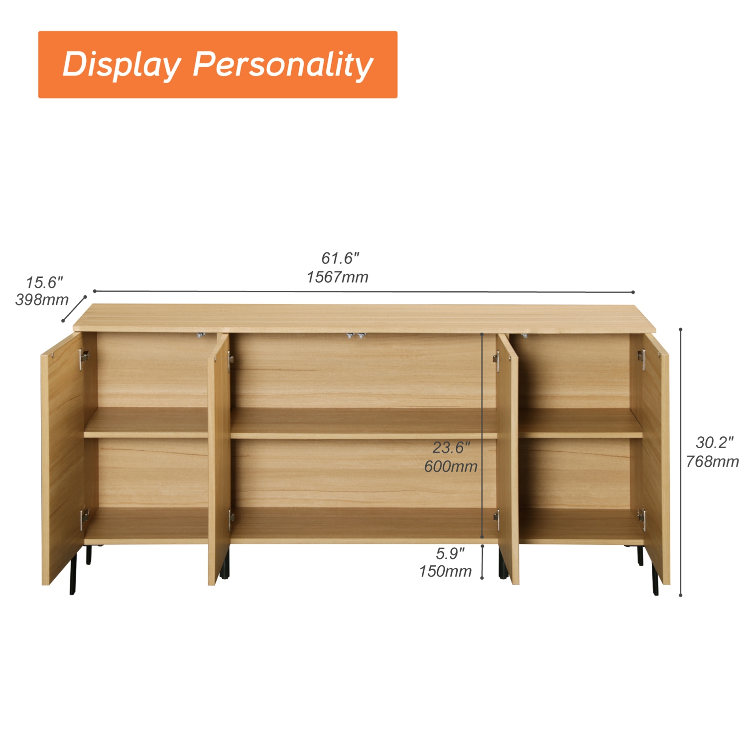 Buffet cannelé WAMPAT, armoires de rangement de cuisine de 61,6 po avec 4 portes et tablettes, armoire d'appoint moderne Coffee Bar, bahut en