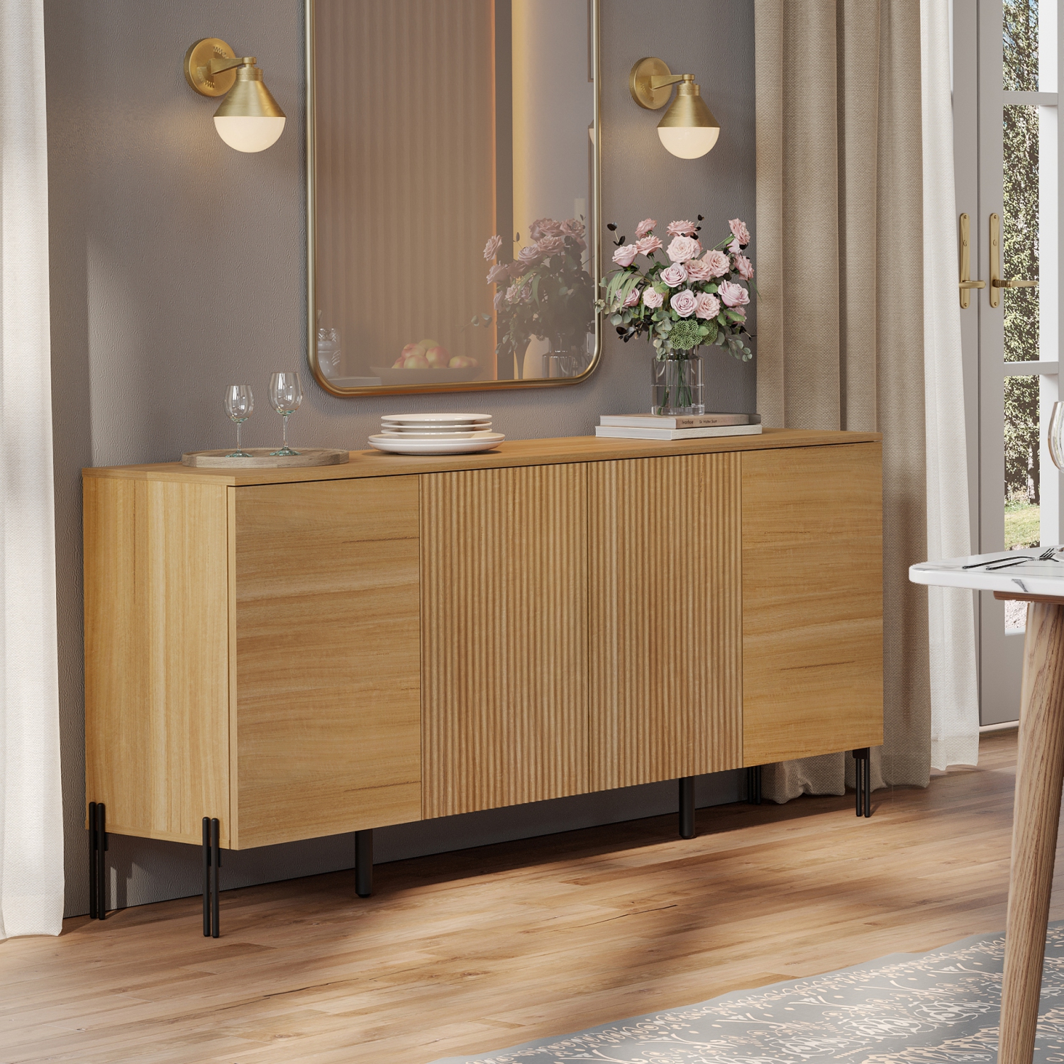 Buffet cannelé WAMPAT, armoires de rangement de cuisine de 61,6 po avec 4 portes et tablettes, armoire d'appoint moderne Coffee Bar, bahut en