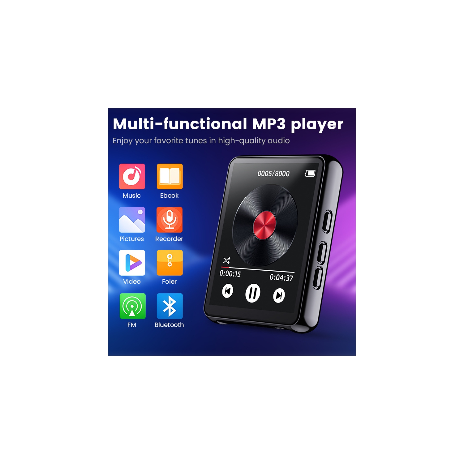 Lecteur MP3 64&nbsp;Go avec Bluetooth, mini lecteur MP3 à écran tactile, baladeur de musique portatif avec haut-parleur, radio FM, enregistrement,