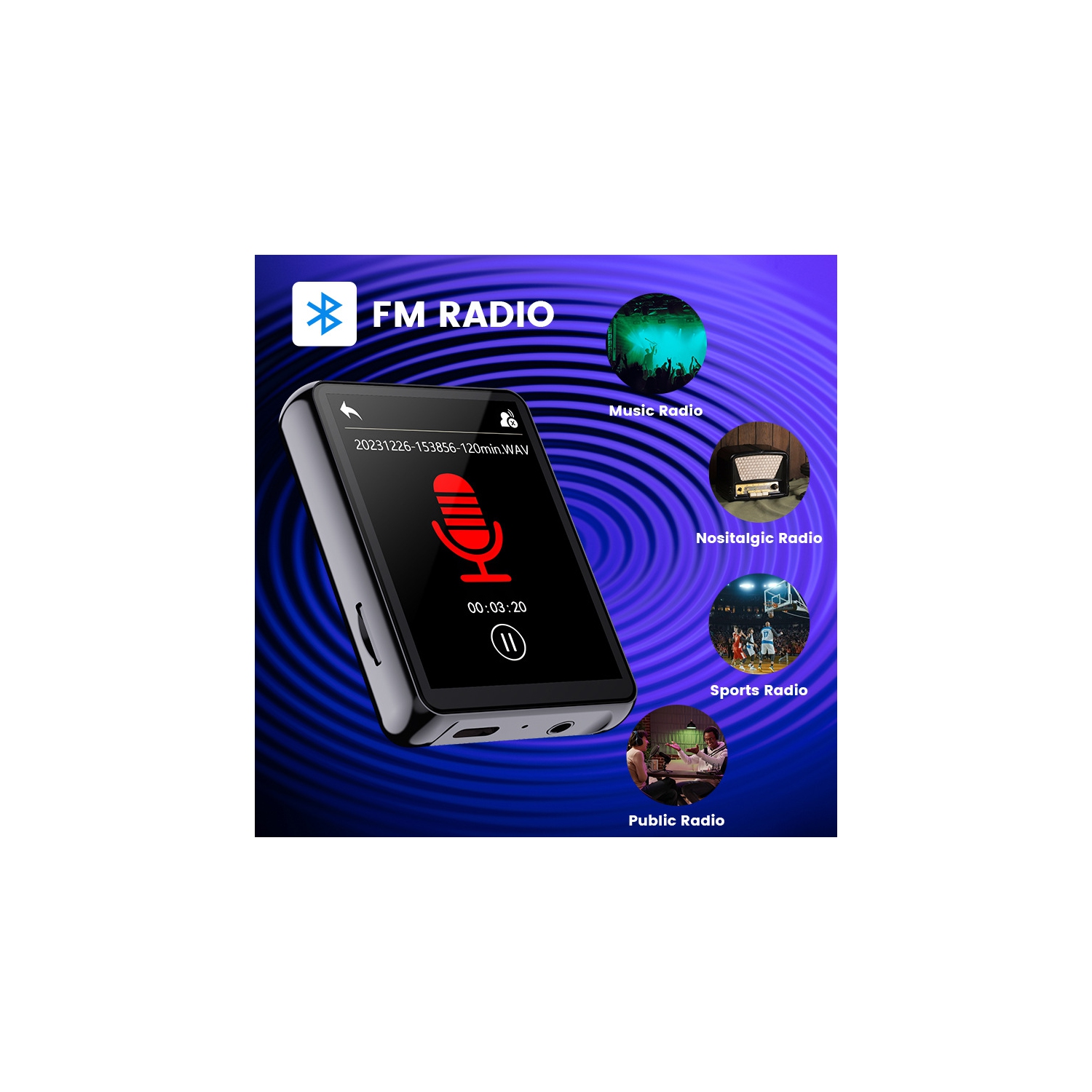 Lecteur MP3 64&nbsp;Go avec Bluetooth, mini lecteur MP3 à écran tactile, baladeur de musique portatif avec haut-parleur, radio FM, enregistrement,