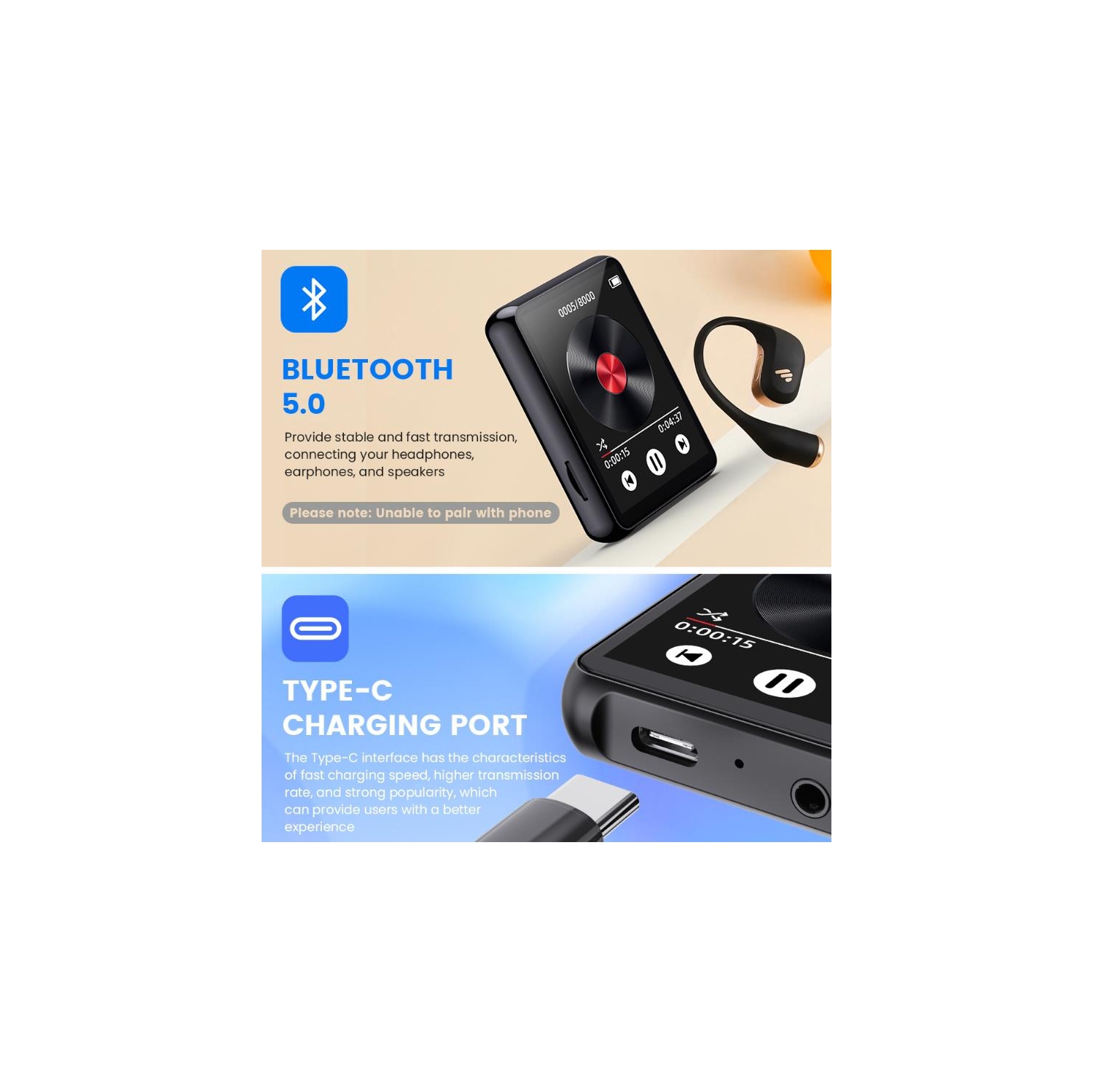 Lecteur MP3 64&nbsp;Go avec Bluetooth, mini lecteur MP3 à écran tactile, baladeur de musique portatif avec haut-parleur, radio FM, enregistrement,