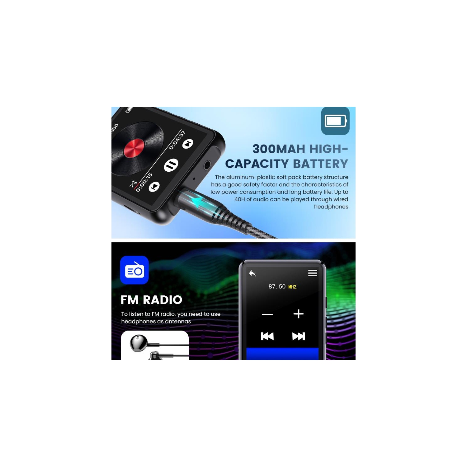 Lecteur MP3 64&nbsp;Go avec Bluetooth, mini lecteur MP3 à écran tactile, baladeur de musique portatif avec haut-parleur, radio FM, enregistrement,