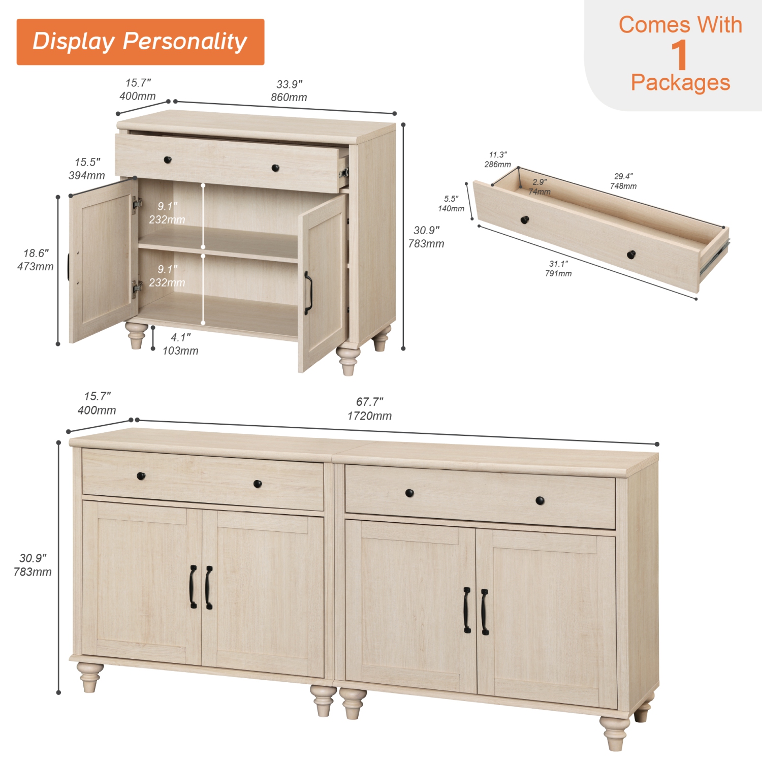 WAMPAT – Buffet avec 4 portes et 2 tiroirs, grandes tables de bar à café Armoires de rangement en bois, crédence moderne de style maison pour salle à