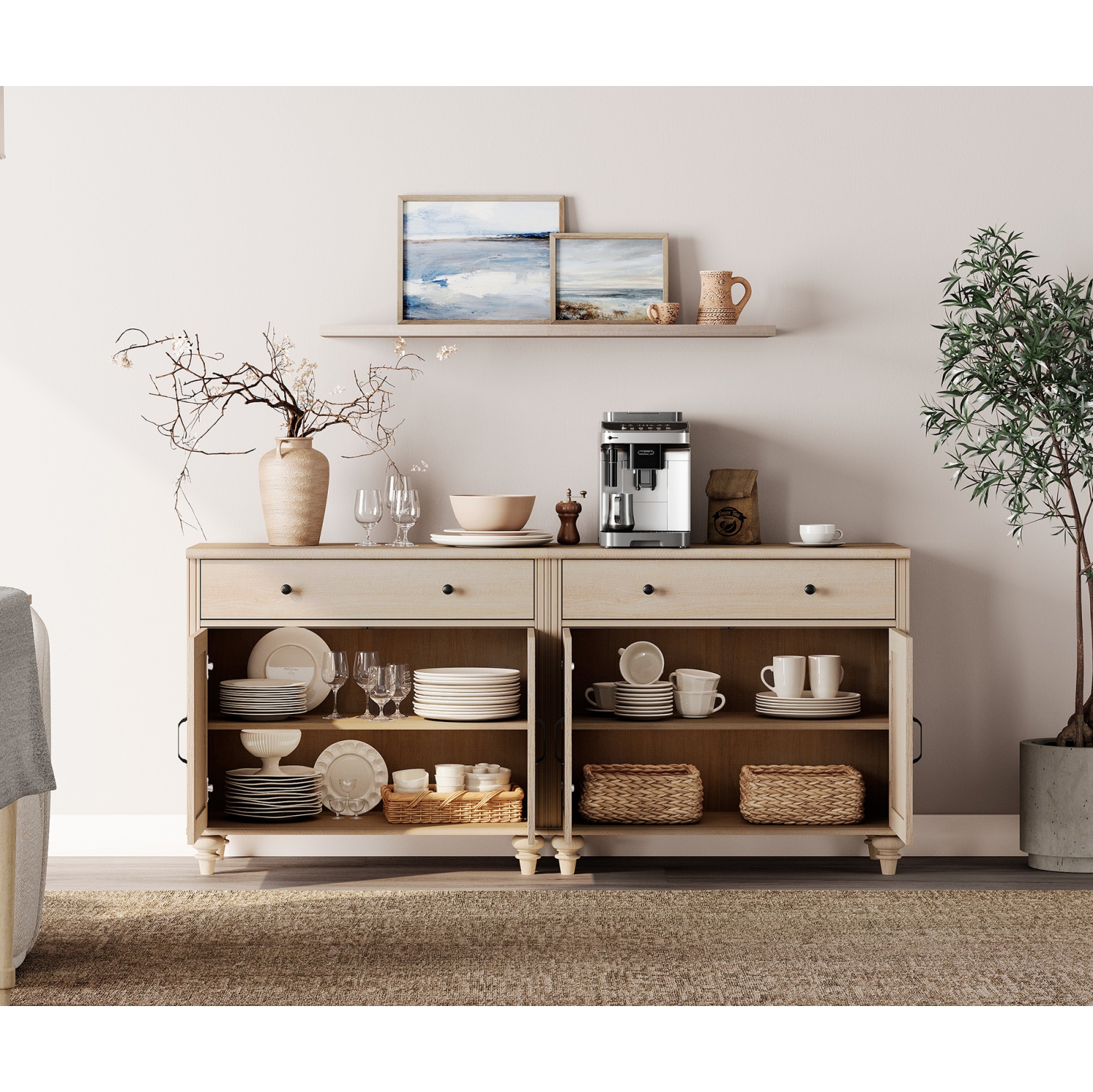 WAMPAT – Buffet avec 4 portes et 2 tiroirs, grandes tables de bar à café Armoires de rangement en bois, crédence moderne de style maison pour salle à