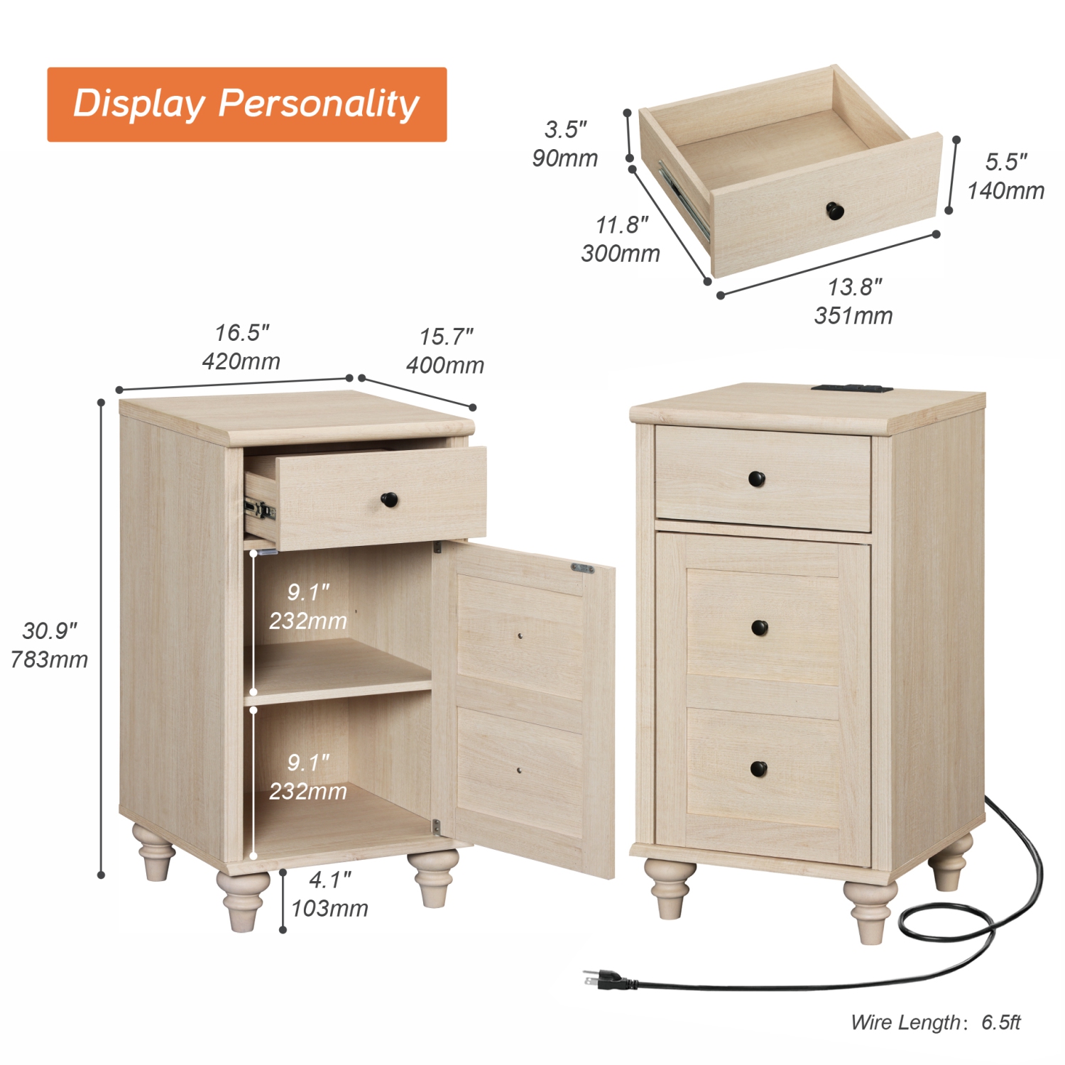 WAMPAT Nightstands with Charging Station, Set of 2 End Table with Power Outlets & USB Ports for Living Room, Modern Side Table with Drawer and