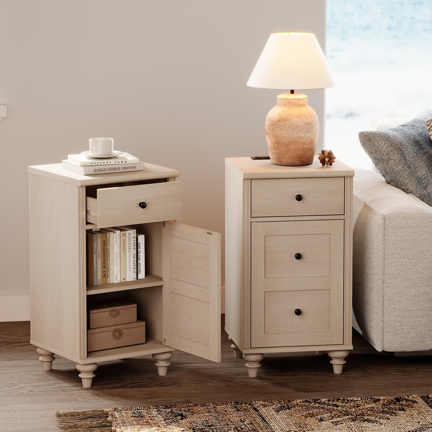 WAMPAT Nightstands with Charging Station, Set of 2 End Table with Power Outlets & USB Ports for Living Room, Modern Side Table with Drawer and