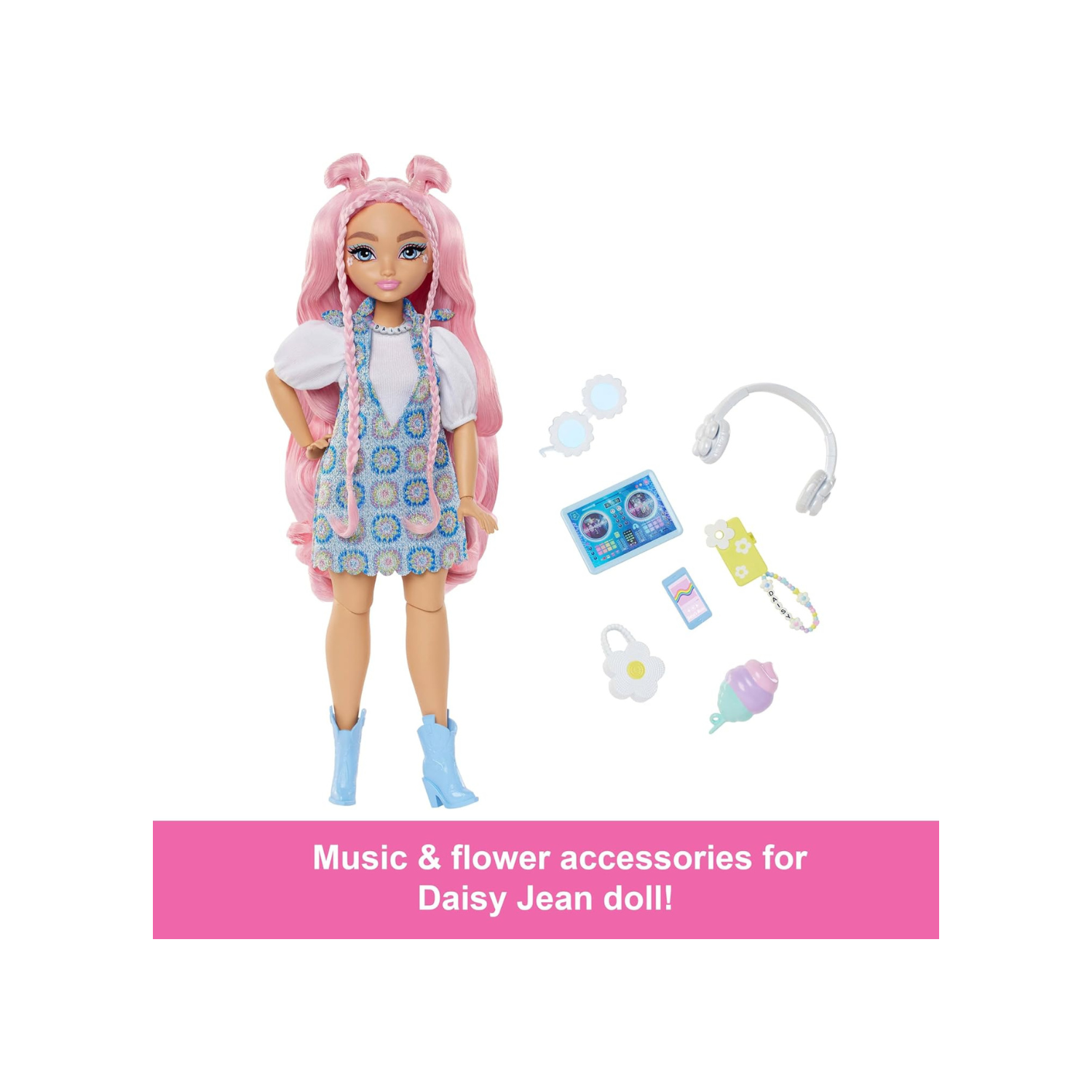Barbie Dream Besties Doll and Accessories, Daisy Jean Posable Fashion Doll with Removable Fashions & Wavy Pink Hair, 9 DJ & Music Themed Pieces