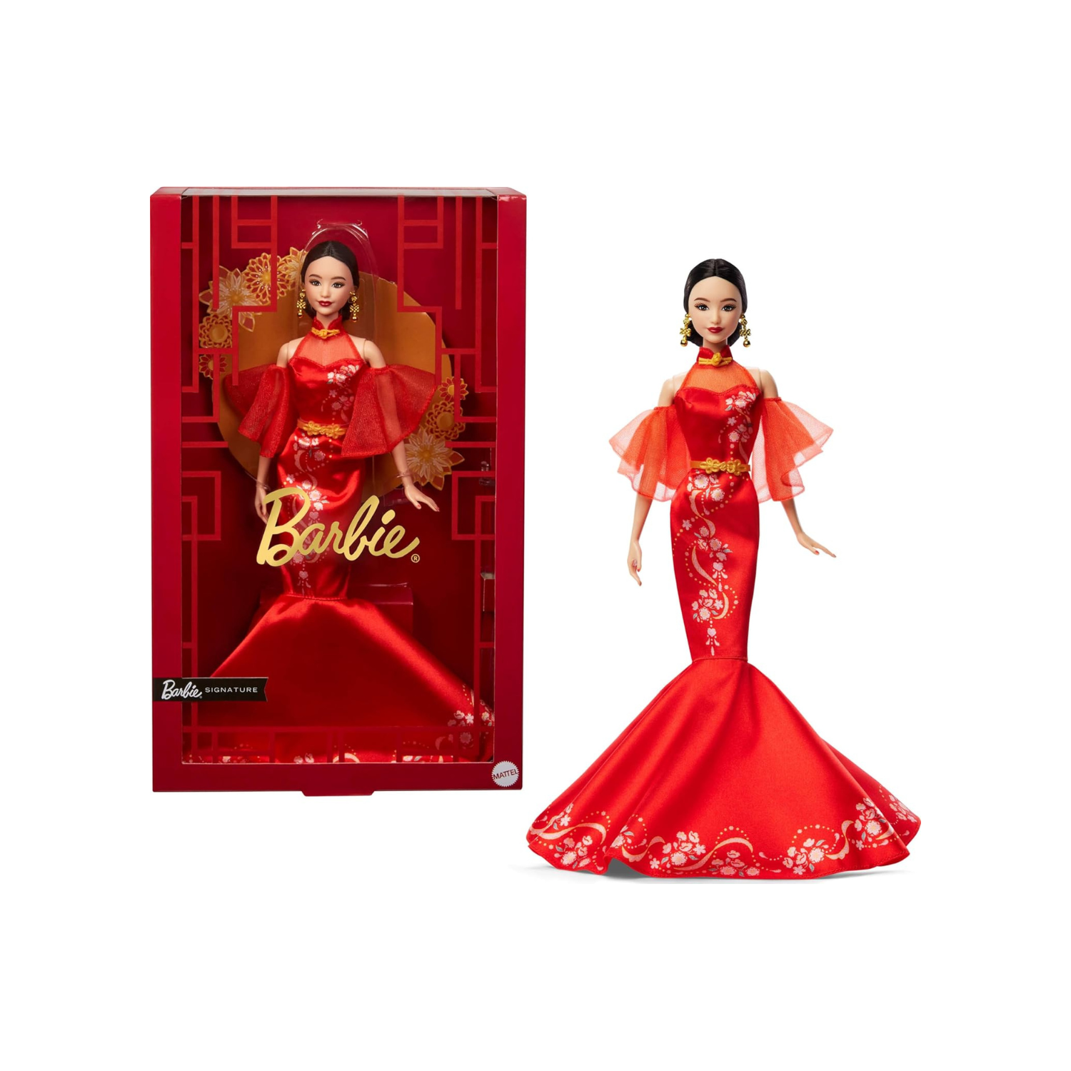 Barbie Lunar New Year Doll Wearing Qipao Dress with Plum Blossom Prints & Golden Accessories, Barbie Signature Collection