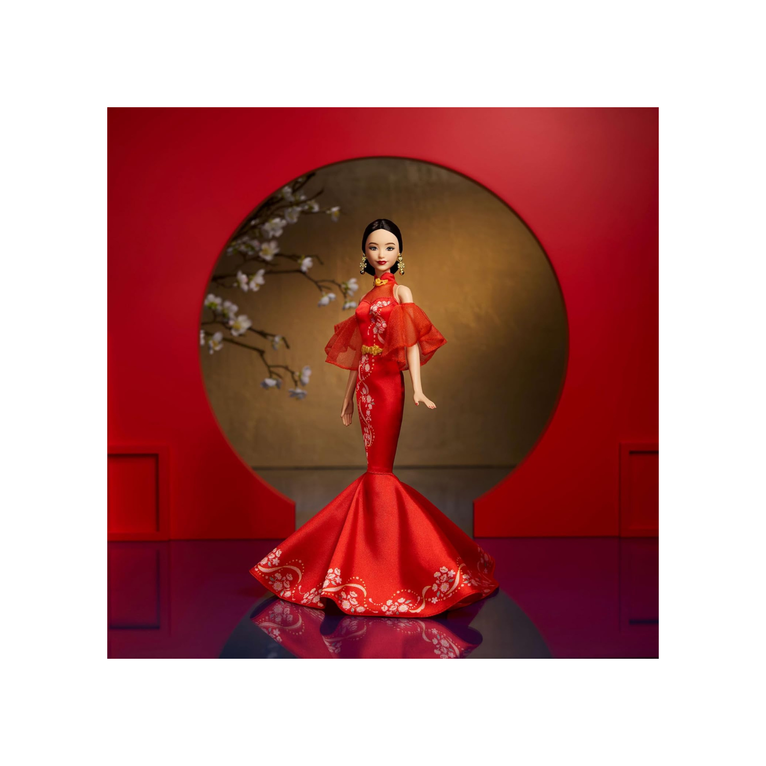 Barbie Lunar New Year Doll Wearing Qipao Dress with Plum Blossom Prints & Golden Accessories, Barbie Signature Collection
