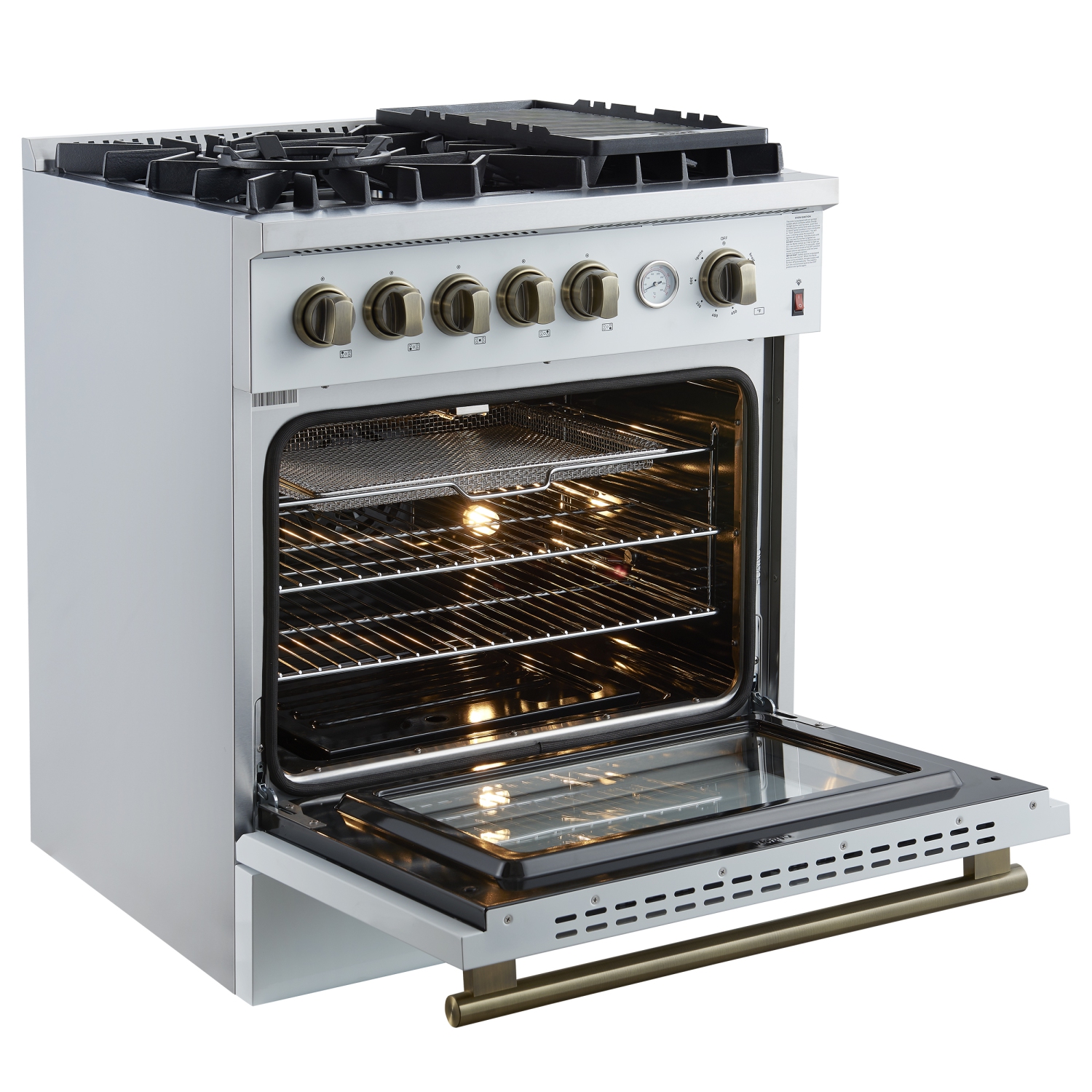 Giovanni 30-inch Gas Range White & Antique Brass Design, 5 Burners 67,000 BTU, 4.32 cu.ft. Convection Oven