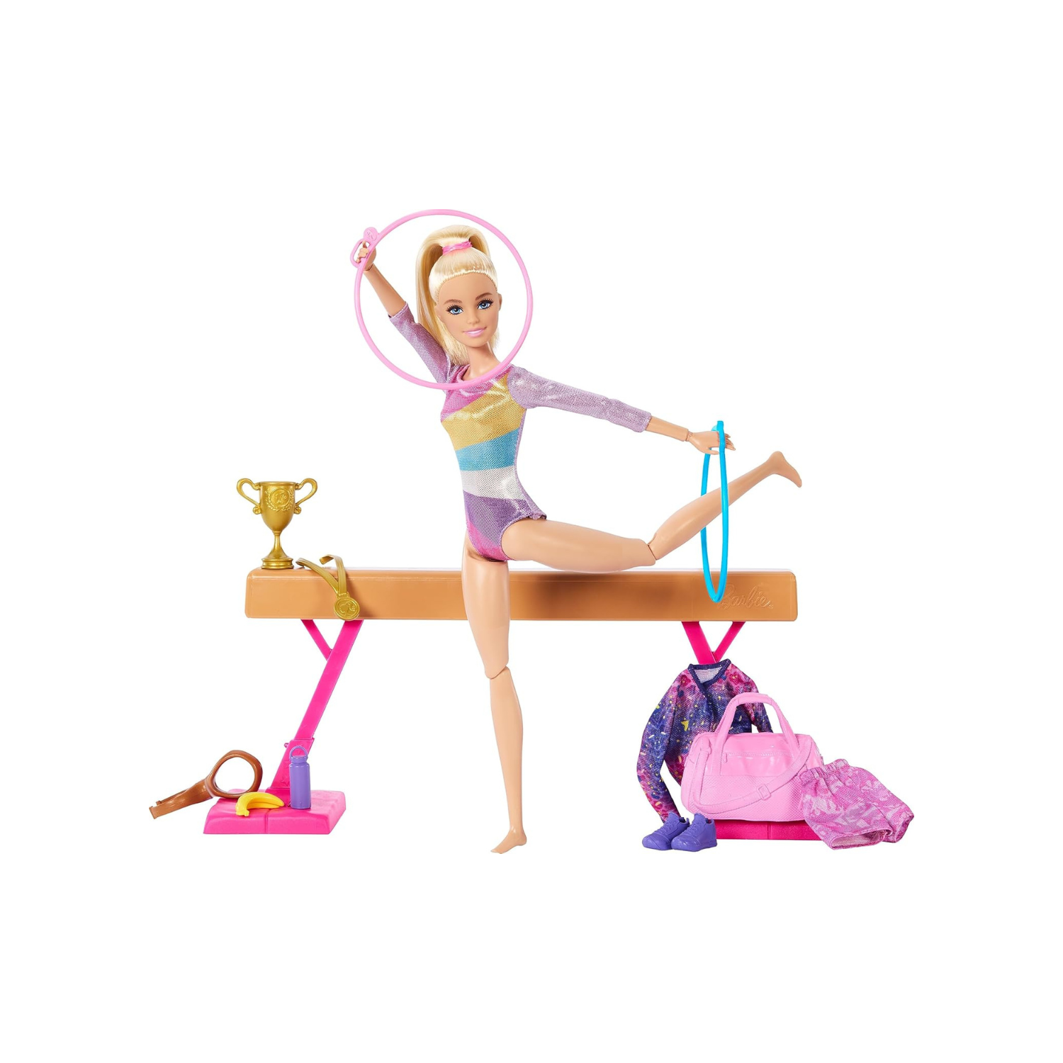 Barbie Careers Playset, Gymnastics Set with Blonde Gymnast Fashion Doll, C-Clip for Flipping Action, Balance Beam, Warm-Up Suit & Accessories