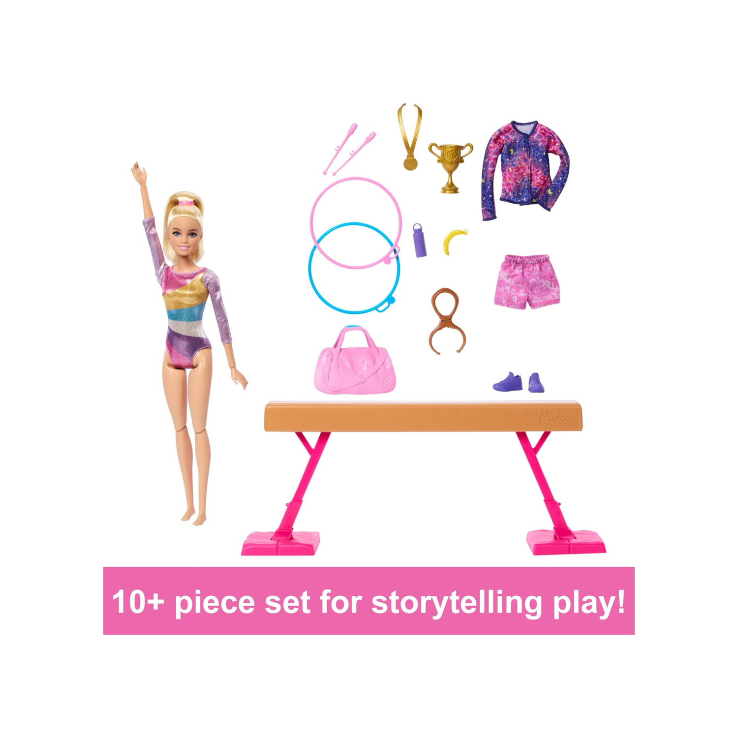 Barbie Careers Playset, Gymnastics Set with Blonde Gymnast Fashion Doll, C-Clip for Flipping Action, Balance Beam, Warm-Up Suit & Accessories