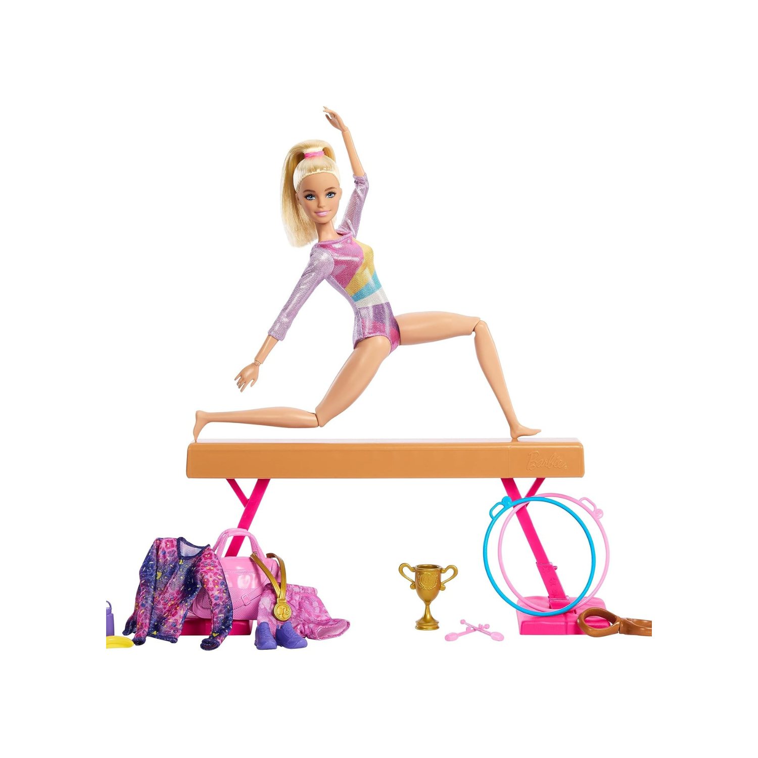 Barbie Careers Playset, Gymnastics Set with Blonde Gymnast Fashion Doll, C-Clip for Flipping Action, Balance Beam, Warm-Up Suit & Accessories