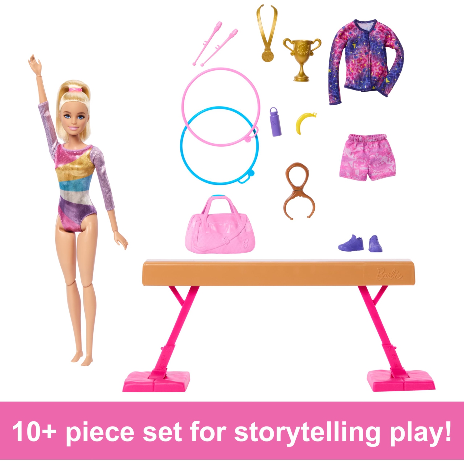 Barbie Careers Playset, Gymnastics Set with Blonde Gymnast Fashion Doll, C-Clip for Flipping Action, Balance Beam, Warm-Up Suit & Accessories