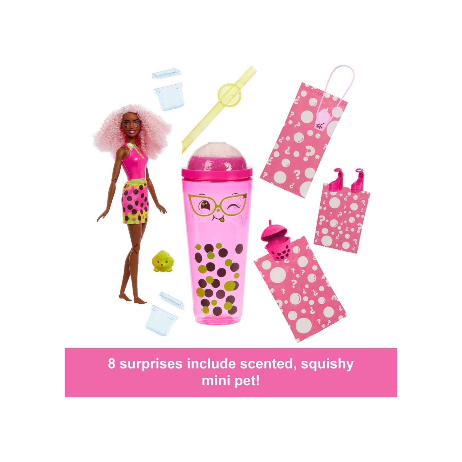 Barbie Pop Reveal Doll & Accessories, Bubble Tea Series with Fashion Doll & Pet, 8 Surprises Include Color Change,