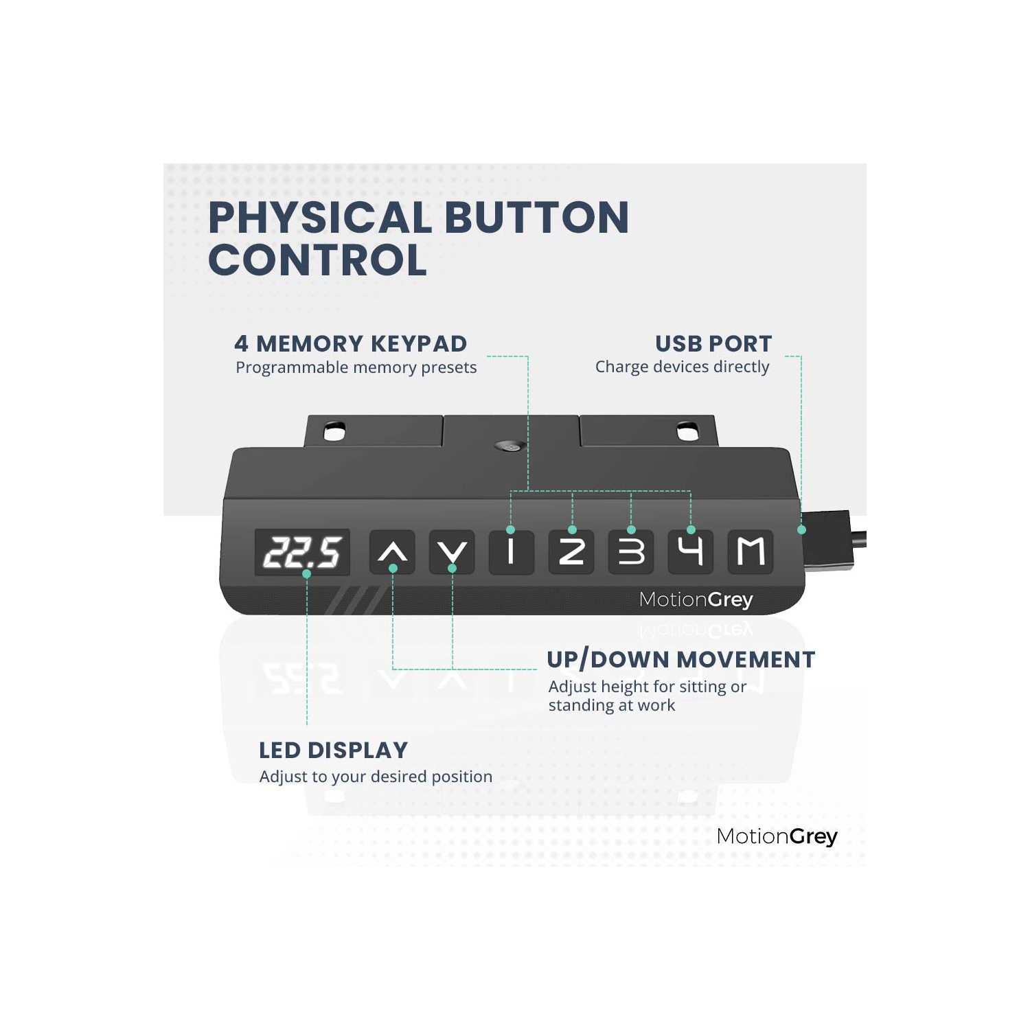 MotionGrey - Dual Motor Standing Desk with 4 Memory Settings, Adjustable Sit-Stand Computer Table for Home, Office & Gaming - 47" x 24" White Top
