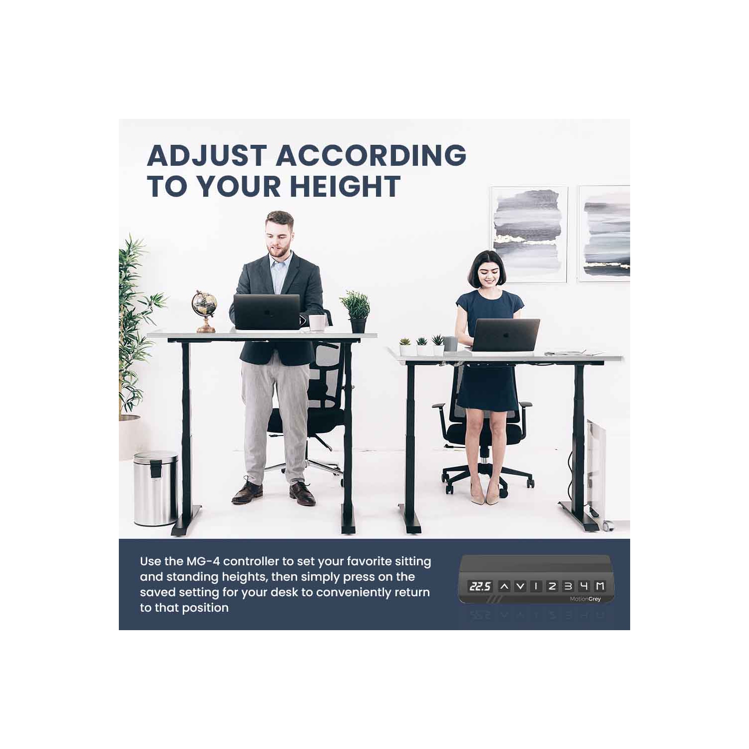 MotionGrey - Dual Motor Standing Desk with 4 Memory Settings, Adjustable Sit-Stand Computer Table for Home, Office & Gaming - 47" x 24" White Top