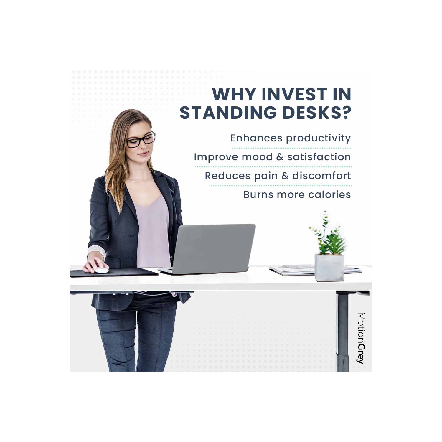 MotionGrey - Dual Motor Standing Desk with 4 Memory Settings, Adjustable Sit-Stand Computer Table for Home, Office & Gaming - 47" x 24" White Top