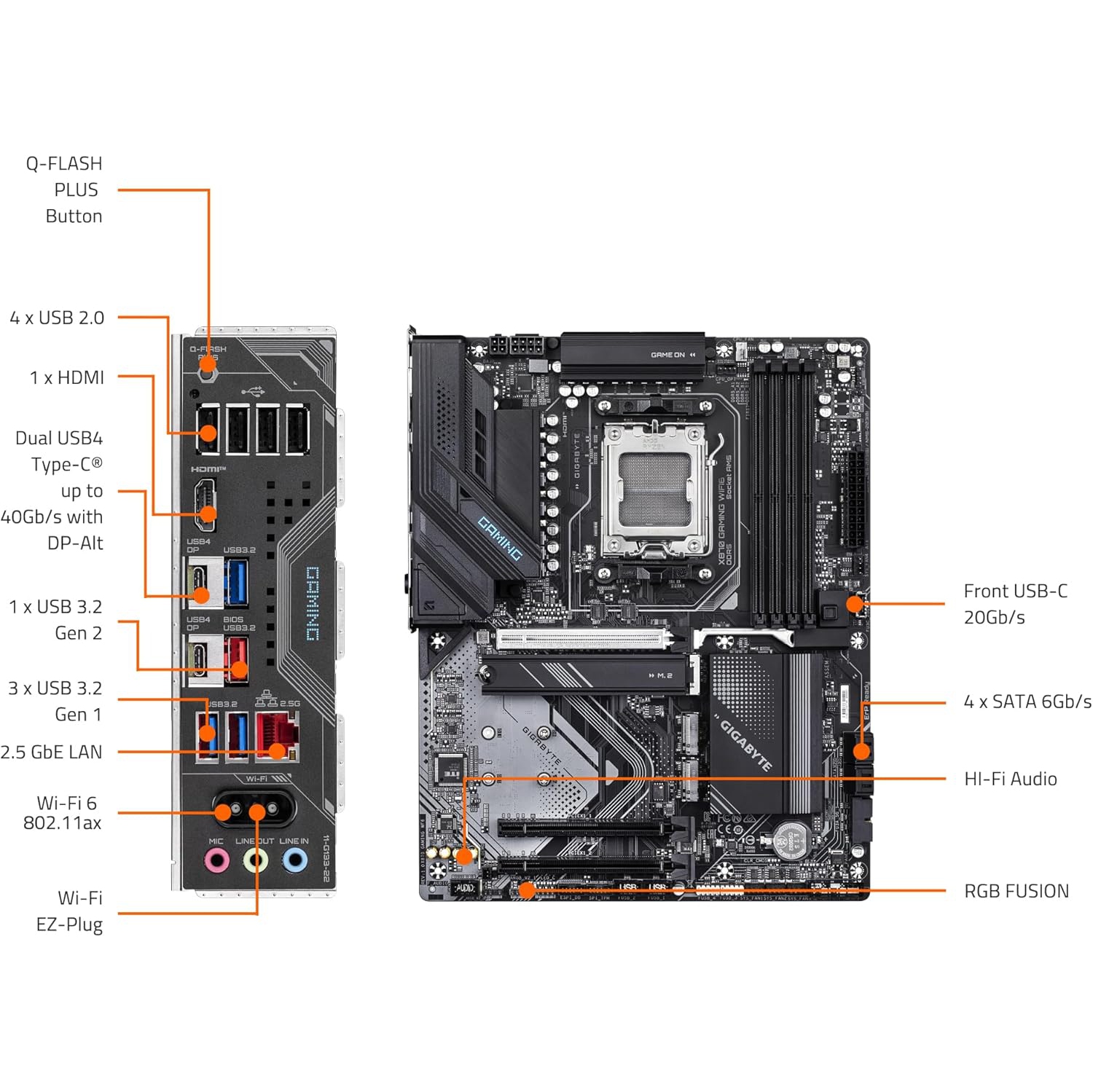 GIGABYTE X870 Gaming WIFI6 AMD AM5 LGA 1718 Motherboard, ATX, DDR5, 3X M.2, PCIe 5.0, USB4, WiFi 6, 2.5GbE LAN, EZ-Latch