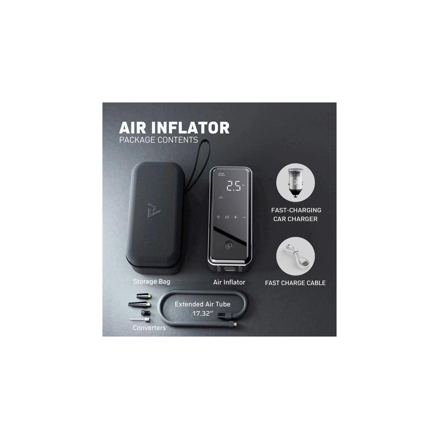 Ensemble de luxe avec gonfleur de pneus intelligente 3-en-1 de Denvix – gonflement 2 fois plus rapide, recharge rapide 45&nbsp;W, chargeur portable