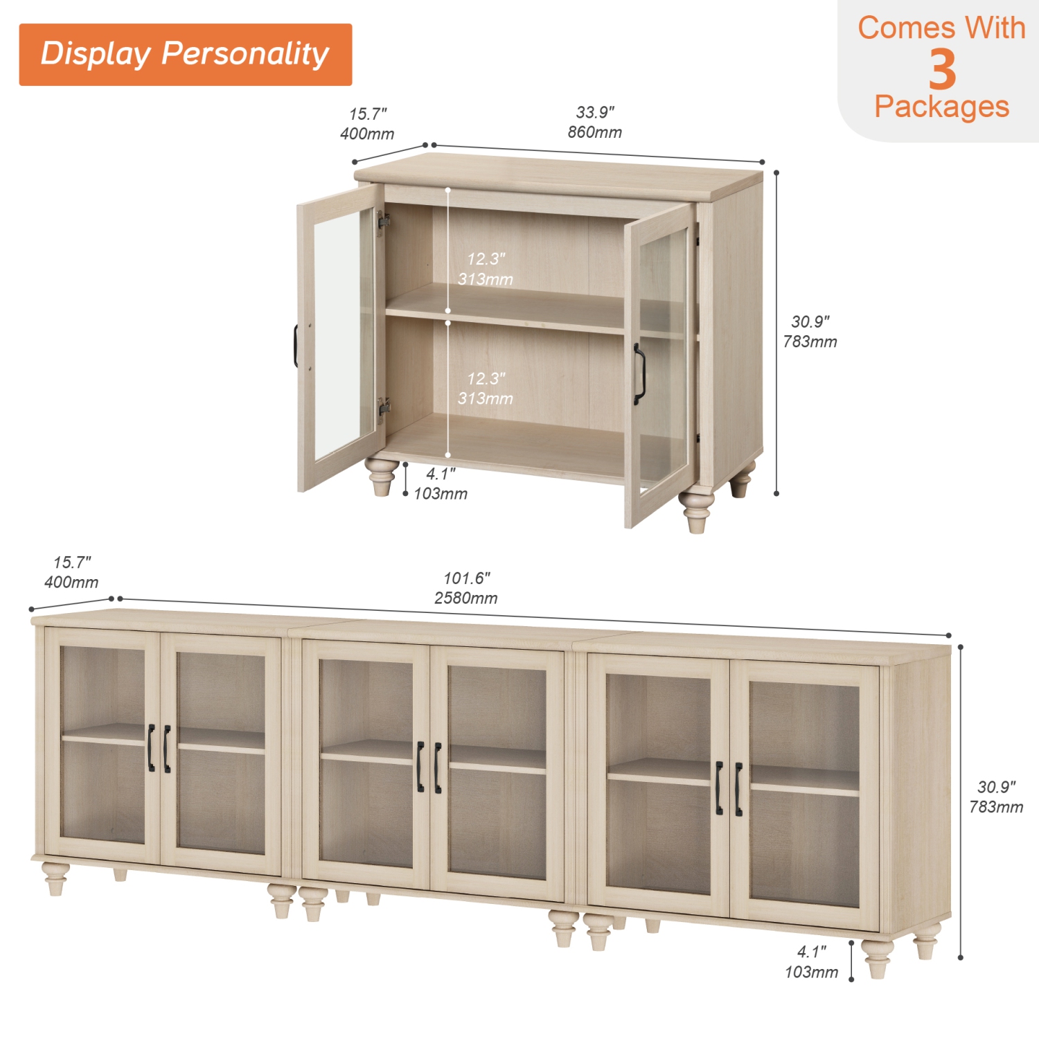 Armoire de buffet WAMPAT avec 6 portes en verre, grandes tables de bar à café avec tablette réglable, armoires de rangement en bois, bahut moderne