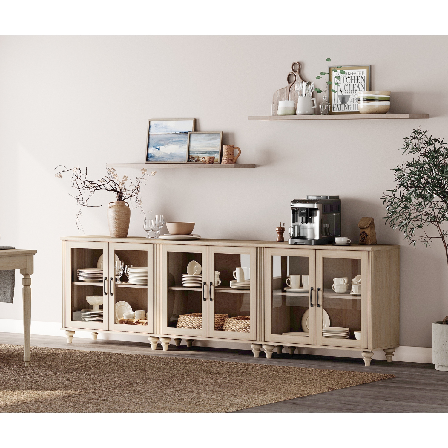 Armoire de buffet WAMPAT avec 6 portes en verre, grandes tables de bar à café avec tablette réglable, armoires de rangement en bois, bahut moderne