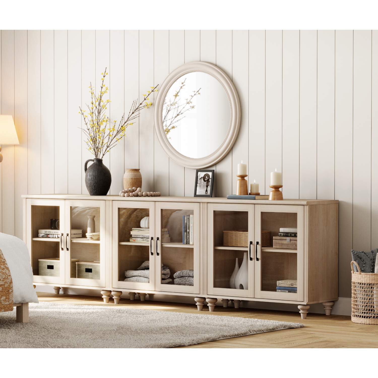 Armoire de buffet WAMPAT avec 6 portes en verre, grandes tables de bar à café avec tablette réglable, armoires de rangement en bois, bahut moderne