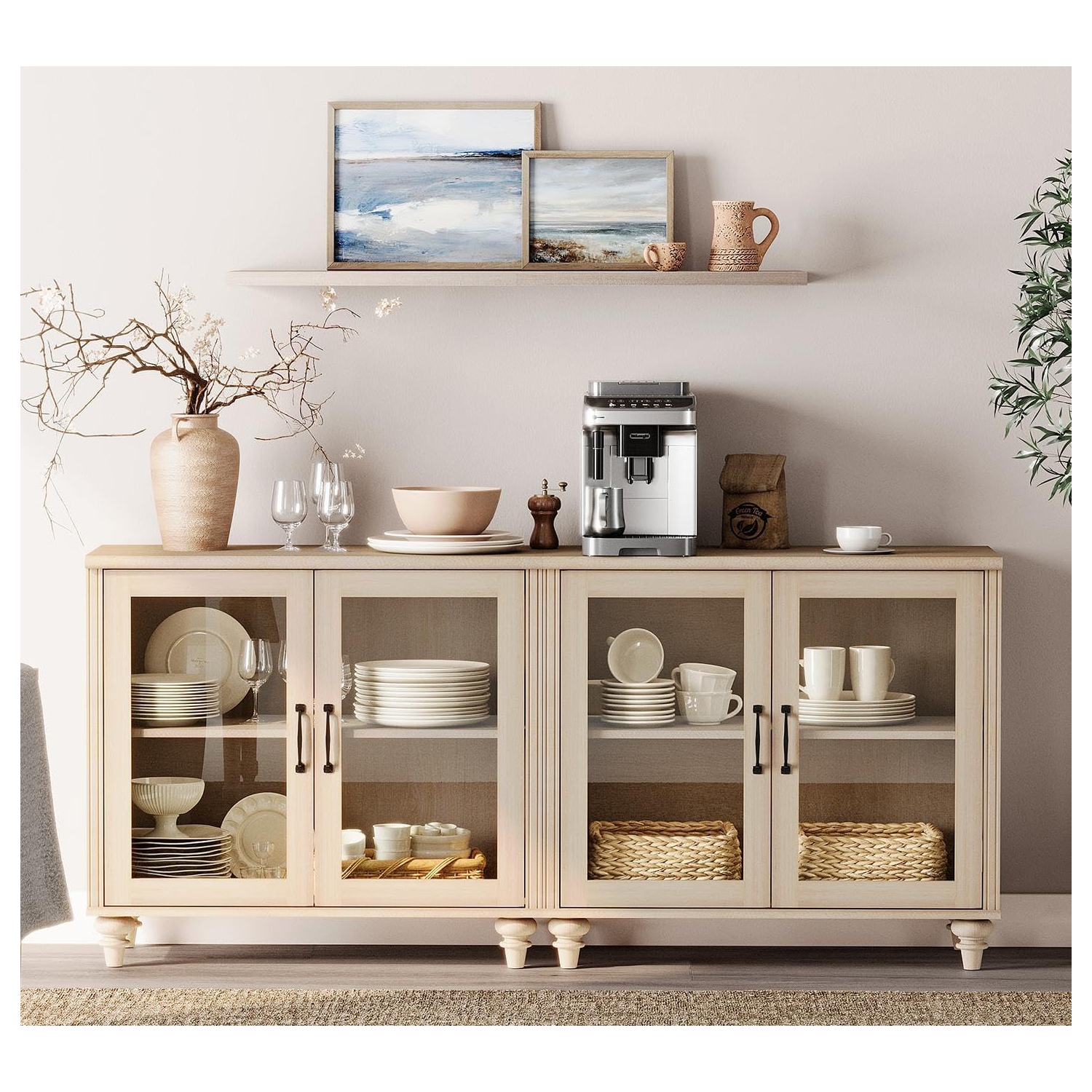 WAMPAT Buffet Cabinet with 4 Glass Doors, Wood Kitchen Storage Cabinets Large Coffee Bar Tables with Adjustable Shelf, Modern Farmhouse Sideboard