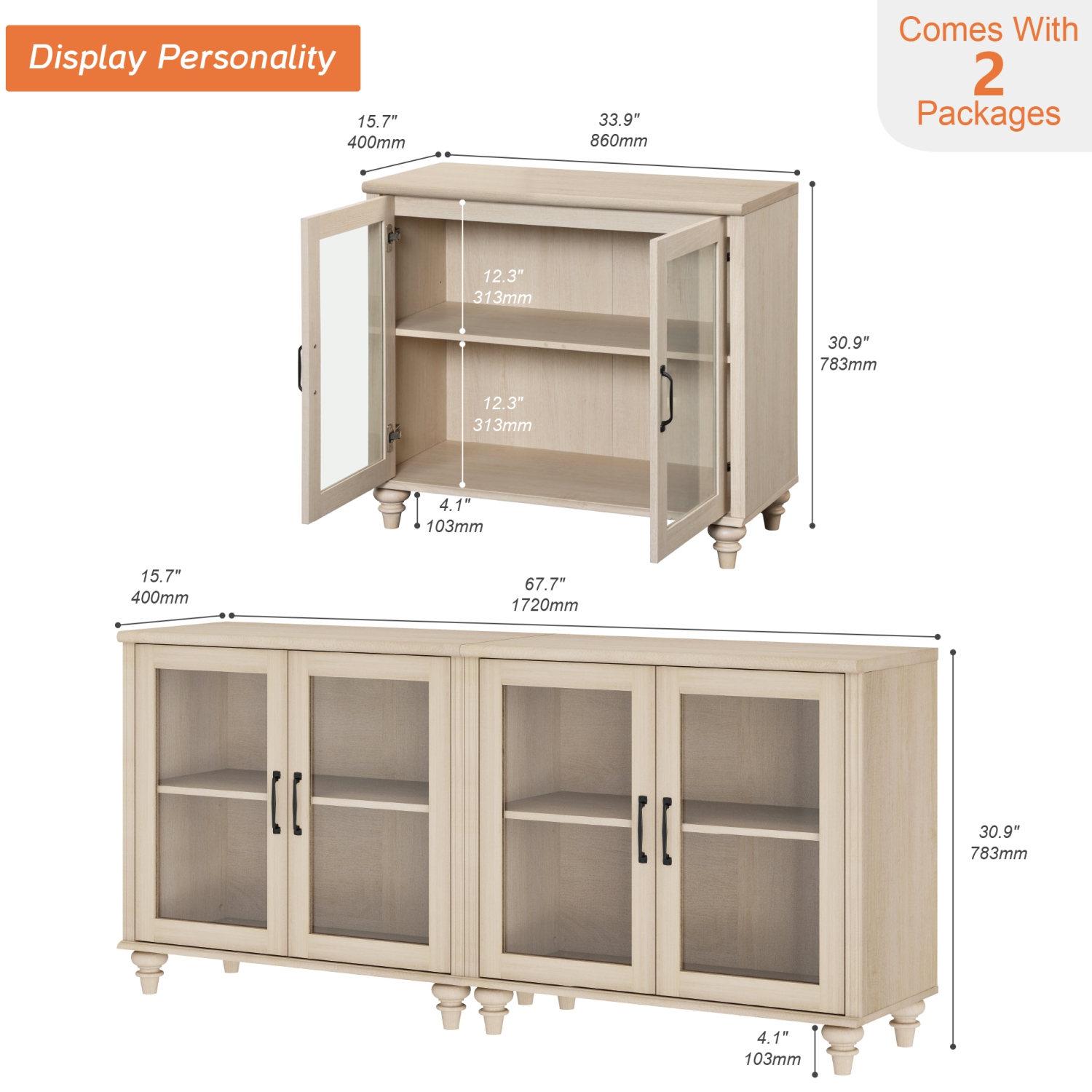 WAMPAT Buffet Cabinet with 4 Glass Doors, Wood Kitchen Storage Cabinets Large Coffee Bar Tables with Adjustable Shelf, Modern Farmhouse Sideboard