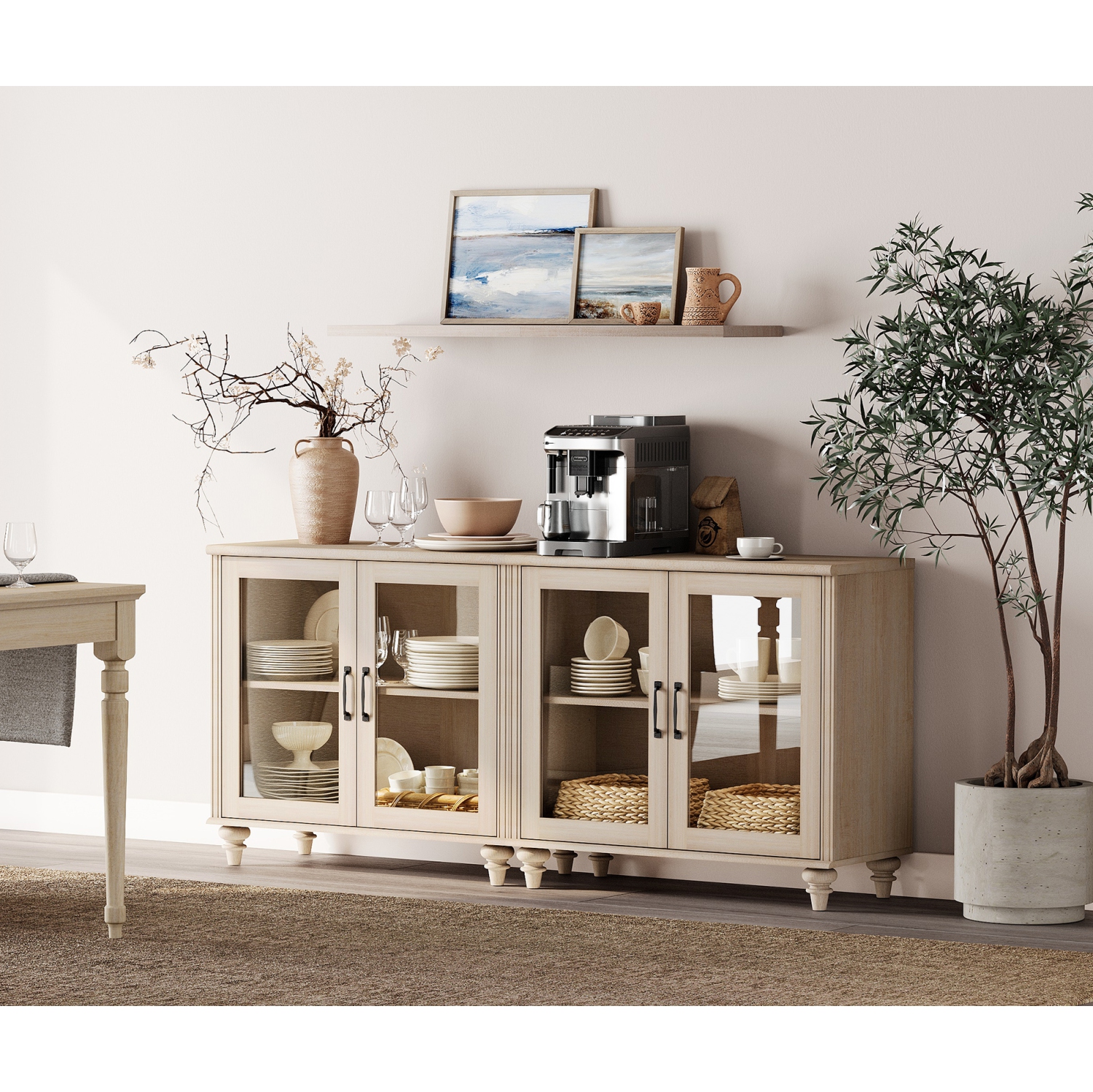 WAMPAT Buffet Cabinet with 4 Glass Doors, Wood Kitchen Storage Cabinets Large Coffee Bar Tables with Adjustable Shelf, Modern Farmhouse Sideboard