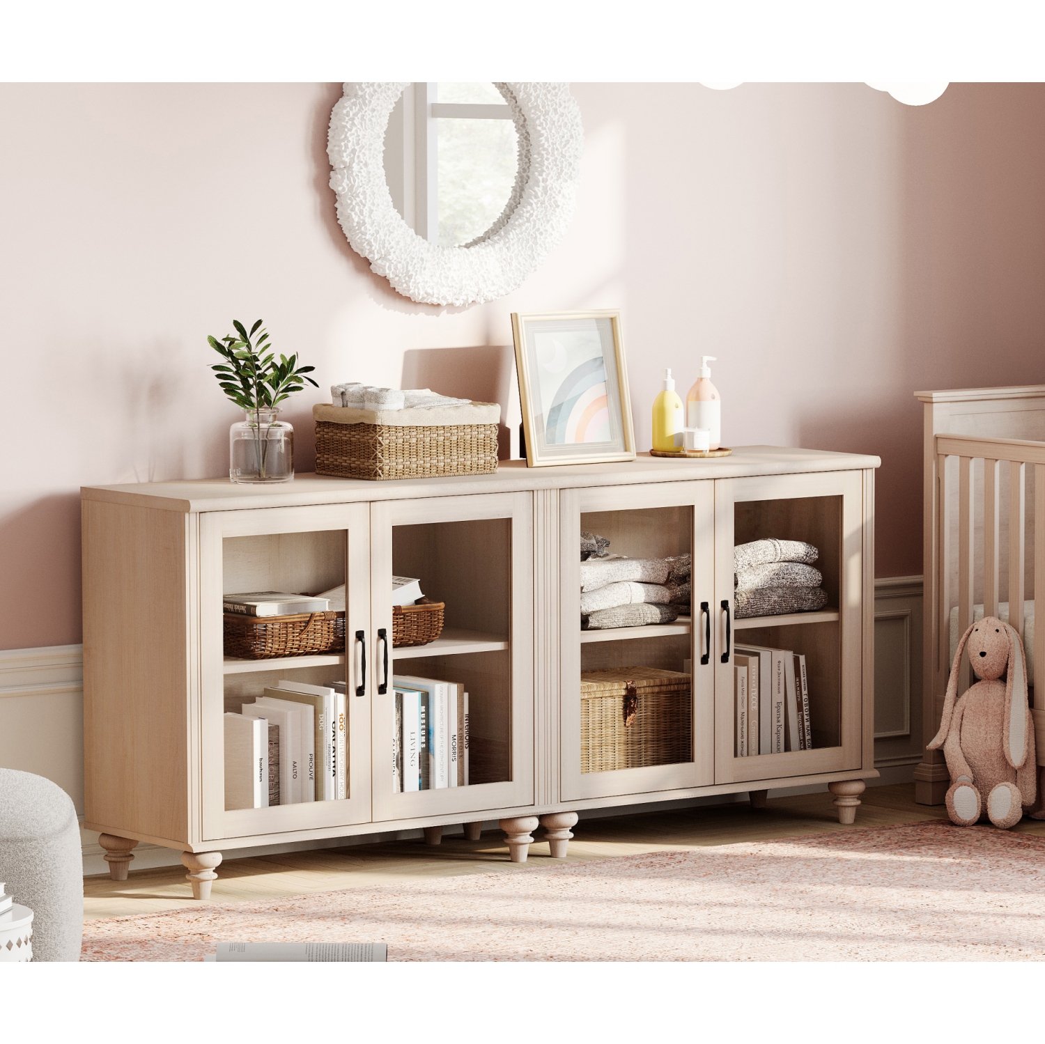 WAMPAT Buffet Cabinet with 4 Glass Doors, Wood Kitchen Storage Cabinets Large Coffee Bar Tables with Adjustable Shelf, Modern Farmhouse Sideboard