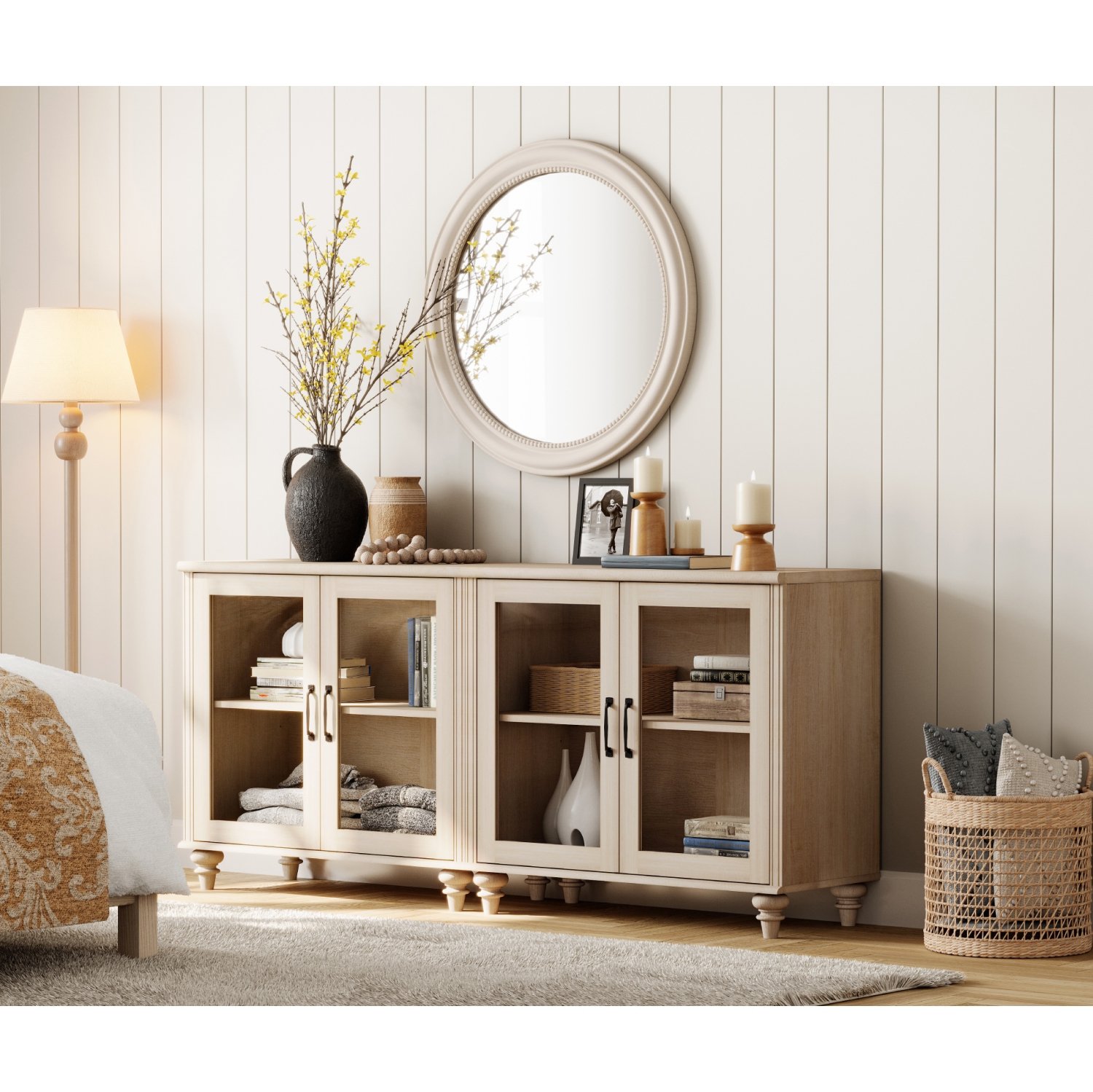 WAMPAT Buffet Cabinet with 4 Glass Doors, Wood Kitchen Storage Cabinets Large Coffee Bar Tables with Adjustable Shelf, Modern Farmhouse Sideboard