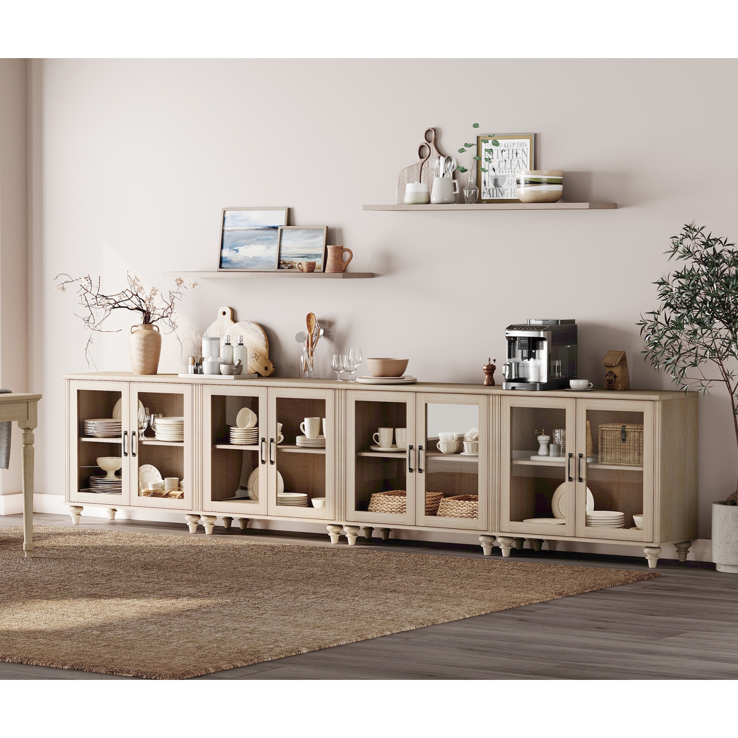 Armoire de buffet WAMPAT avec 8 portes en verre, grandes tables de bar à café Armoires de rangement en bois pour la cuisine, bahut de rangement