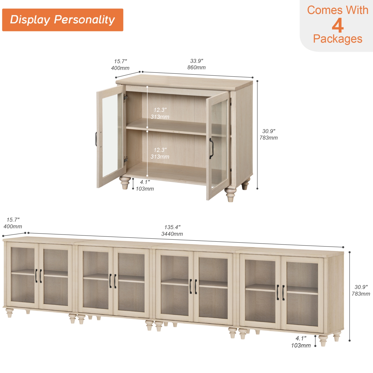 Armoire de buffet WAMPAT avec 8 portes en verre, grandes tables de bar à café Armoires de rangement en bois pour la cuisine, bahut de rangement