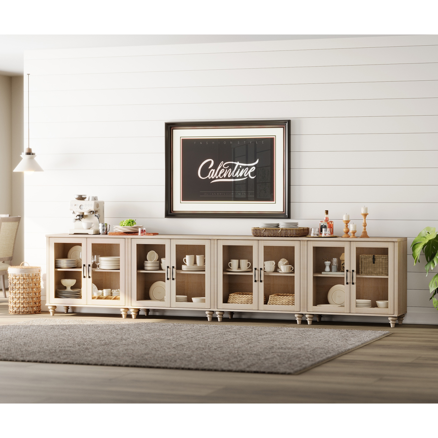 Armoire de buffet WAMPAT avec 8 portes en verre, grandes tables de bar à café Armoires de rangement en bois pour la cuisine, bahut de rangement