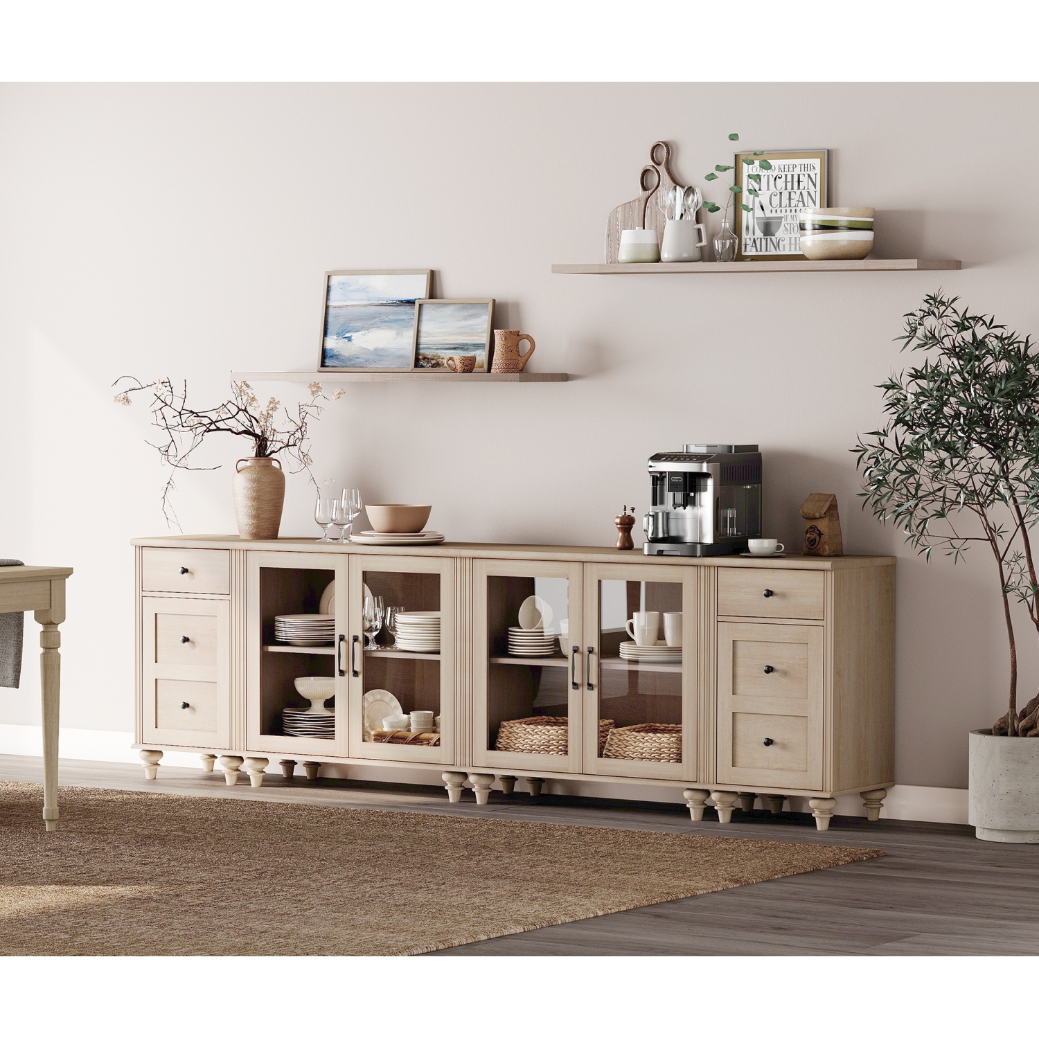 Buffet WAMPAT avec 4 porte en verre, armoires de rangement de cuisine avec station de recharge, tables de bar à café avec tablette réglable et 2