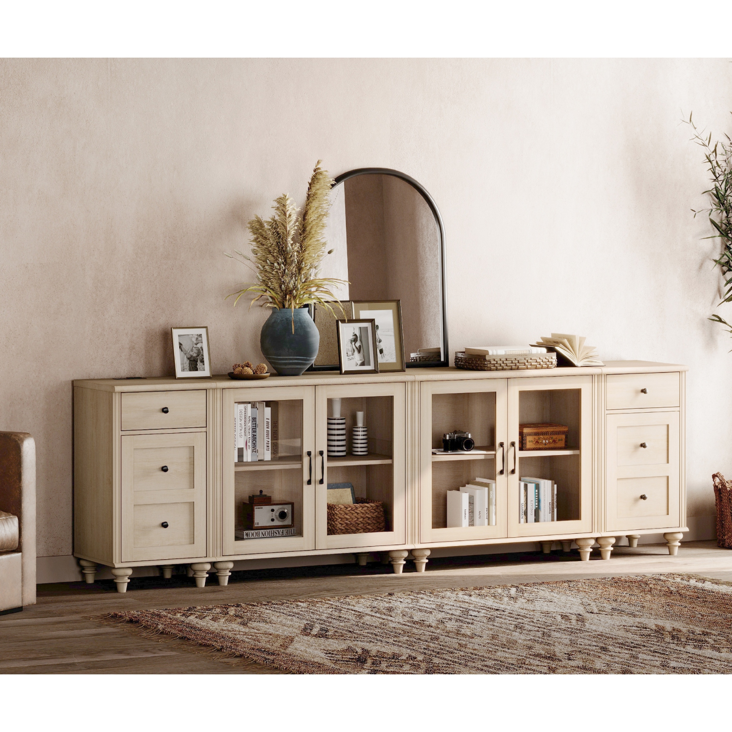 Buffet WAMPAT avec 4 porte en verre, armoires de rangement de cuisine avec station de recharge, tables de bar à café avec tablette réglable et 2