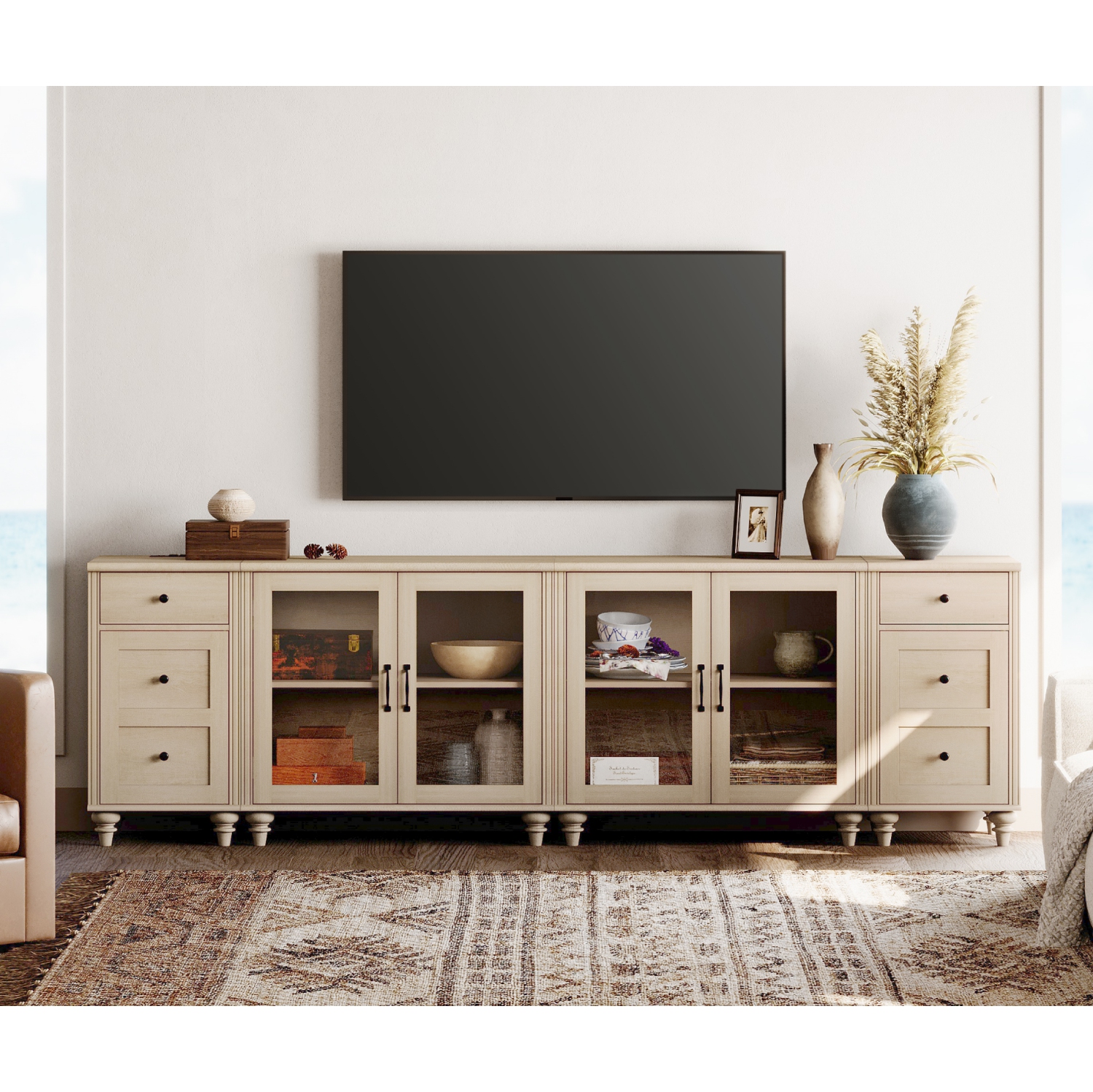 Buffet WAMPAT avec 4 porte en verre, armoires de rangement de cuisine avec station de recharge, tables de bar à café avec tablette réglable et 2