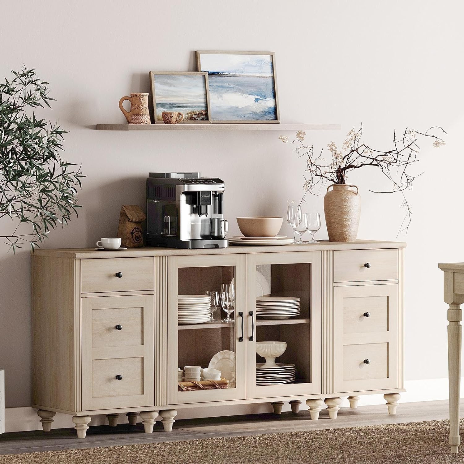 Buffet WAMPAT avec porte en verre, armoires de rangement de cuisine avec station de chargement, tables de bar à café avec tablette réglable et 2