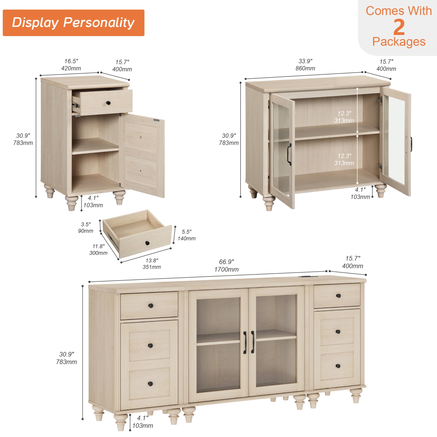 Buffet WAMPAT avec porte en verre, armoires de rangement de cuisine avec station de chargement, tables de bar à café avec tablette réglable et 2