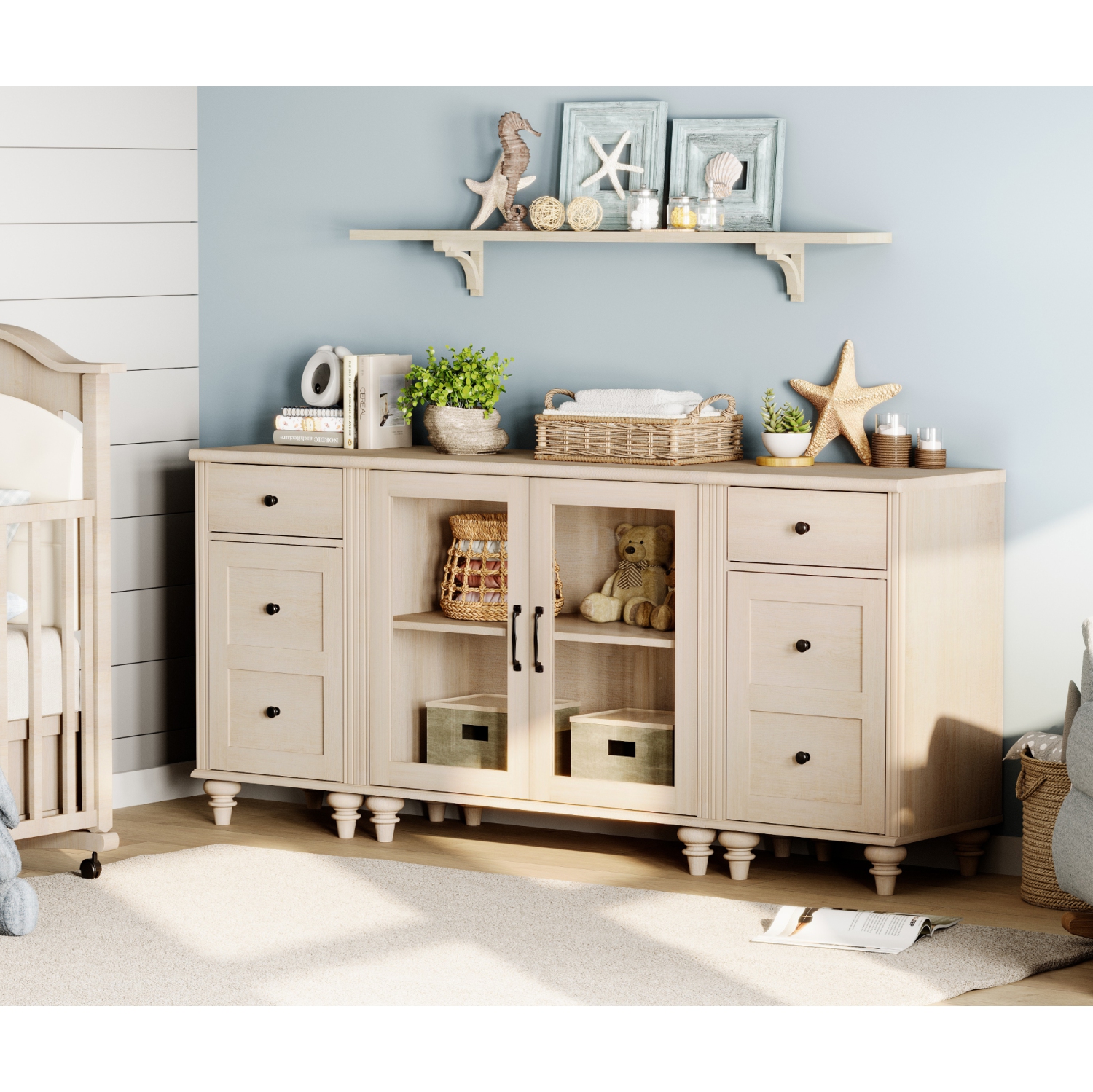 Buffet WAMPAT avec porte en verre, armoires de rangement de cuisine avec station de chargement, tables de bar à café avec tablette réglable et 2