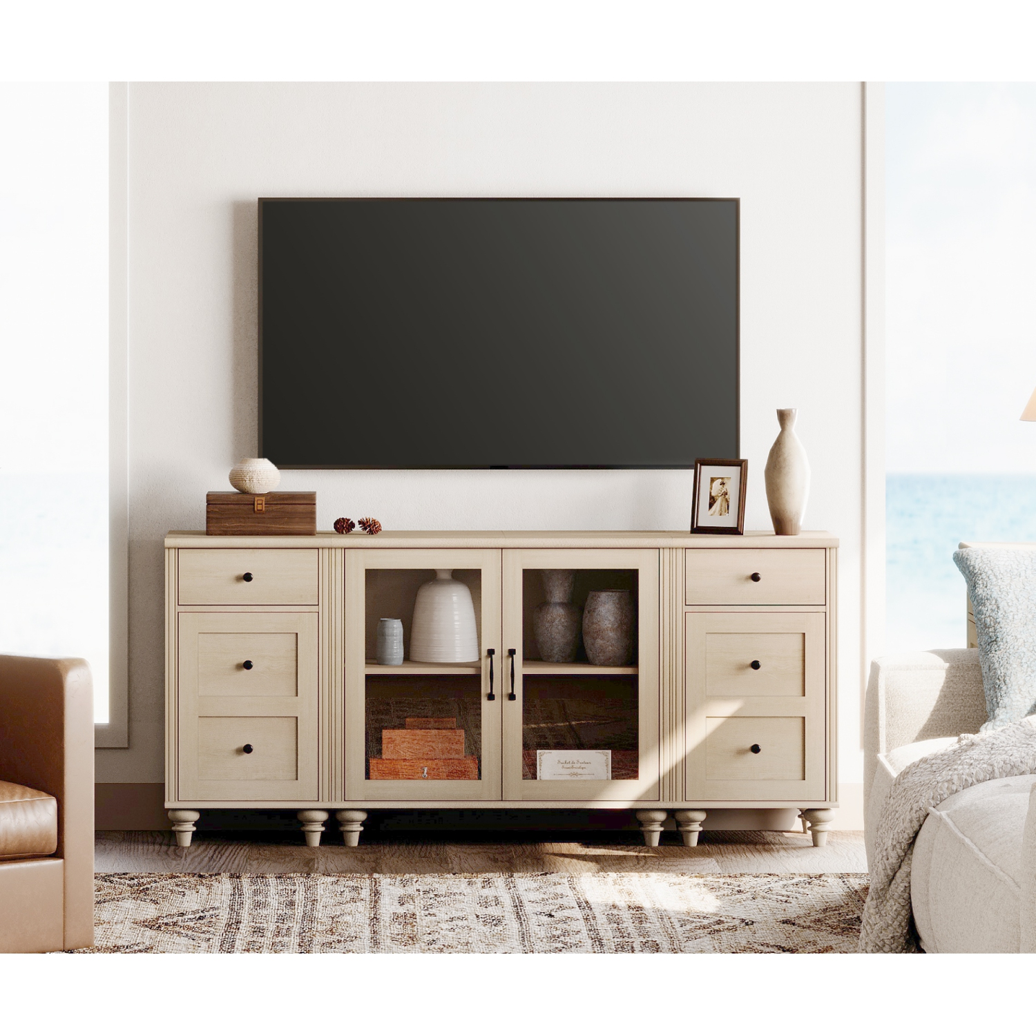 Buffet WAMPAT avec porte en verre, armoires de rangement de cuisine avec station de chargement, tables de bar à café avec tablette réglable et 2