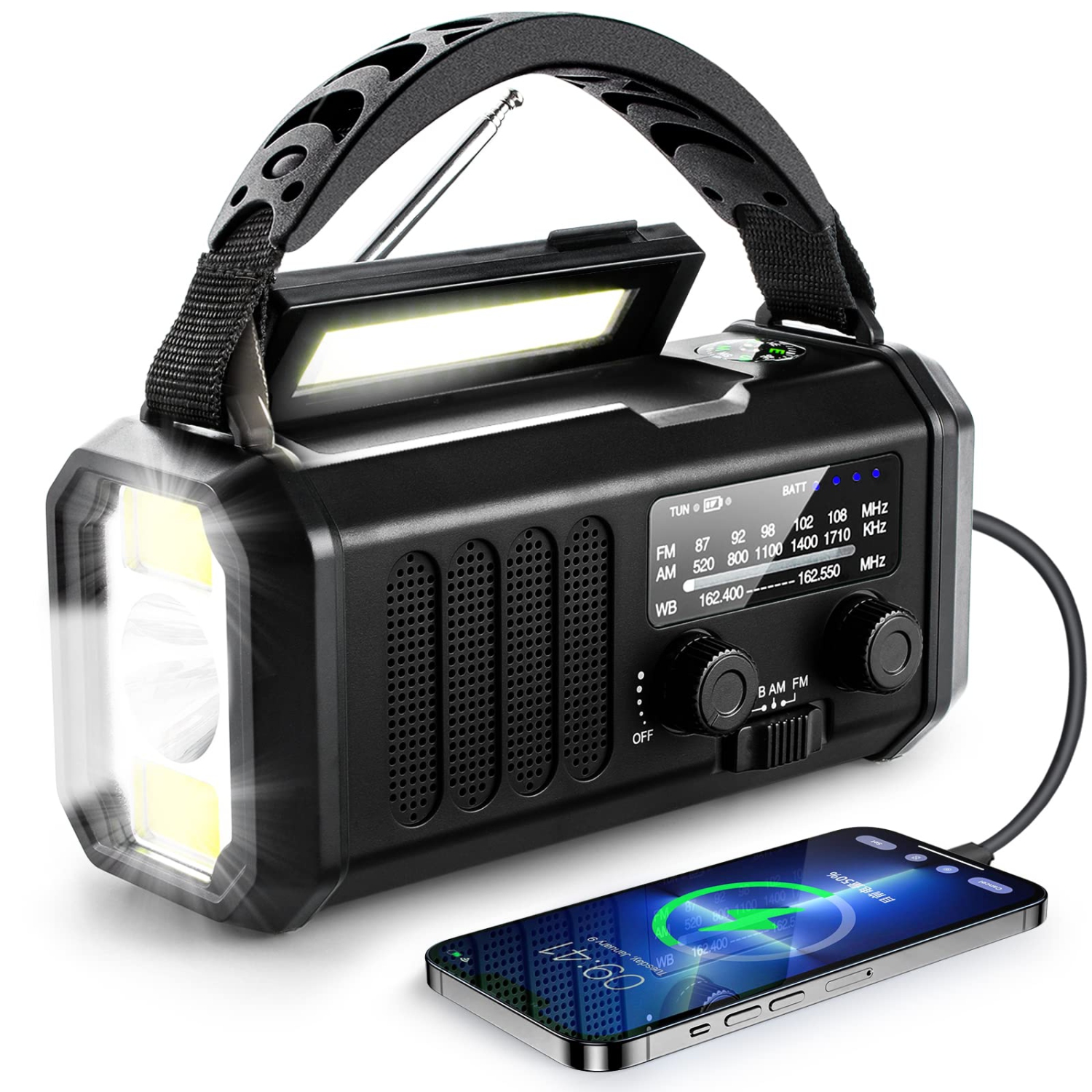 Radio à manivelle, radio d'urgence 10000&nbsp;mAh, radio météo AM/FM solaire, recharge USB de type C, lampe de poche et lampe de lecture LED