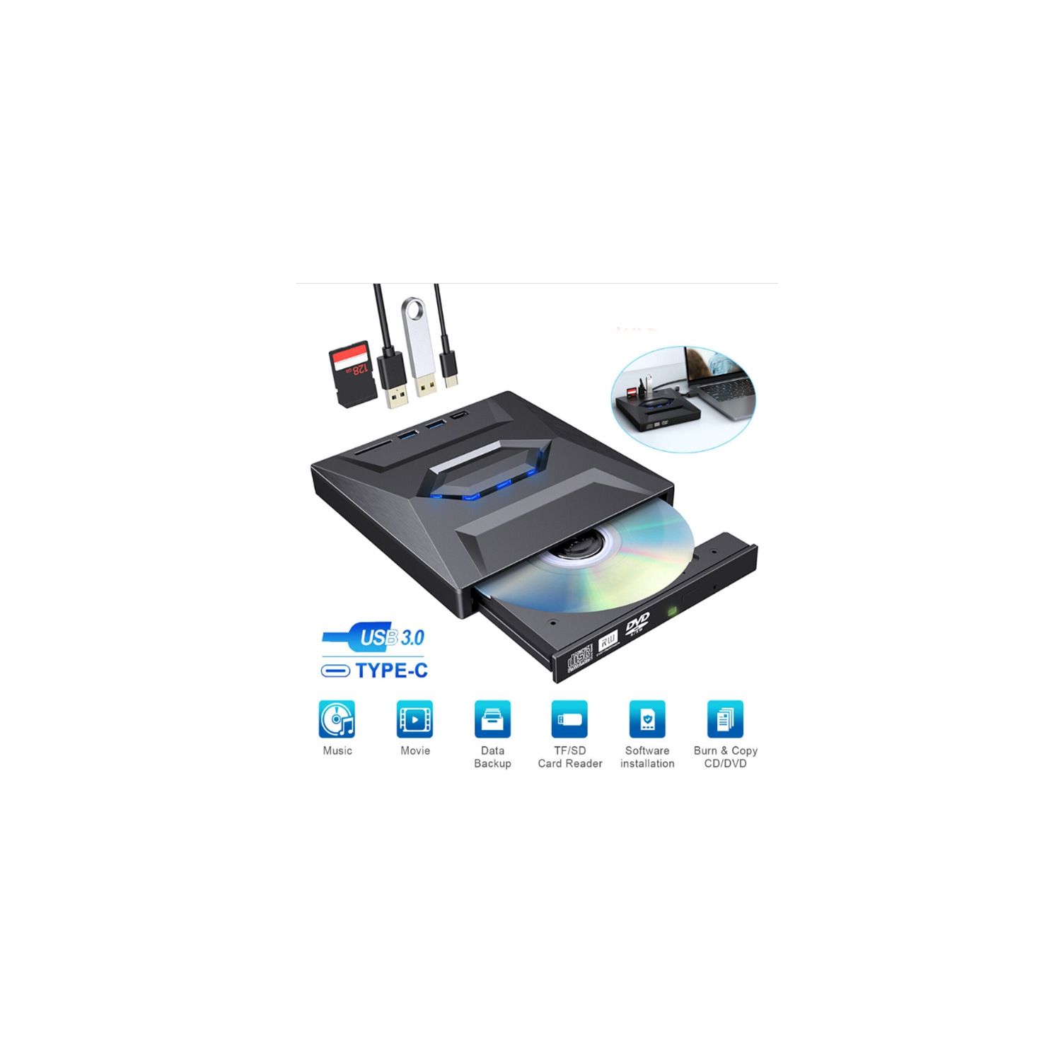 External CD DVD Drive USB 3.0 & USB-C CD ROM Burner DVD Player, CD DVD +/-RW Optical Disk Drive Writer for PC Windows 7/8/10, Mac, Linux Computer