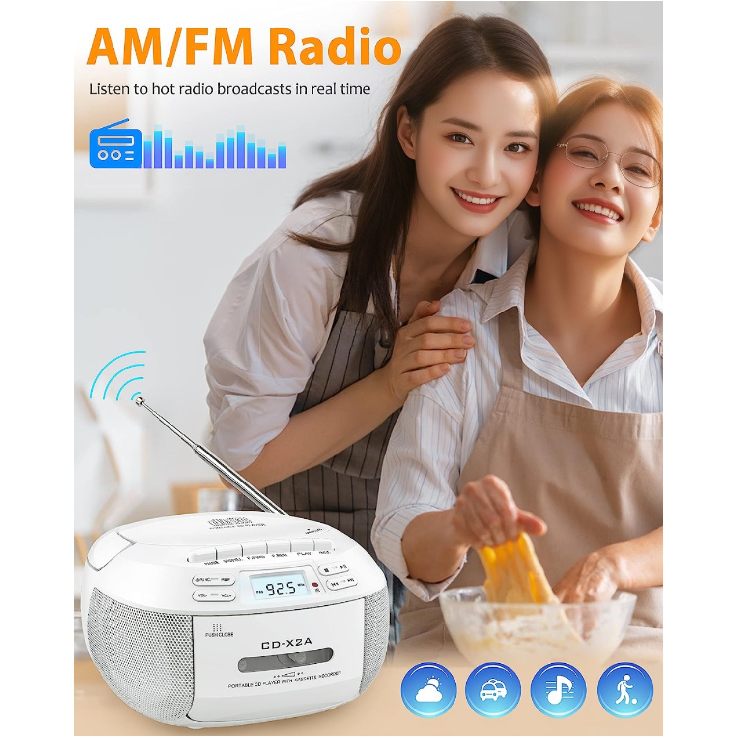 Lecteur de CD et de cassettes, minichaîne CD portative avec radio AM/FM, enregistrement de bandes, son stéréo, prise auxiliaire/casque