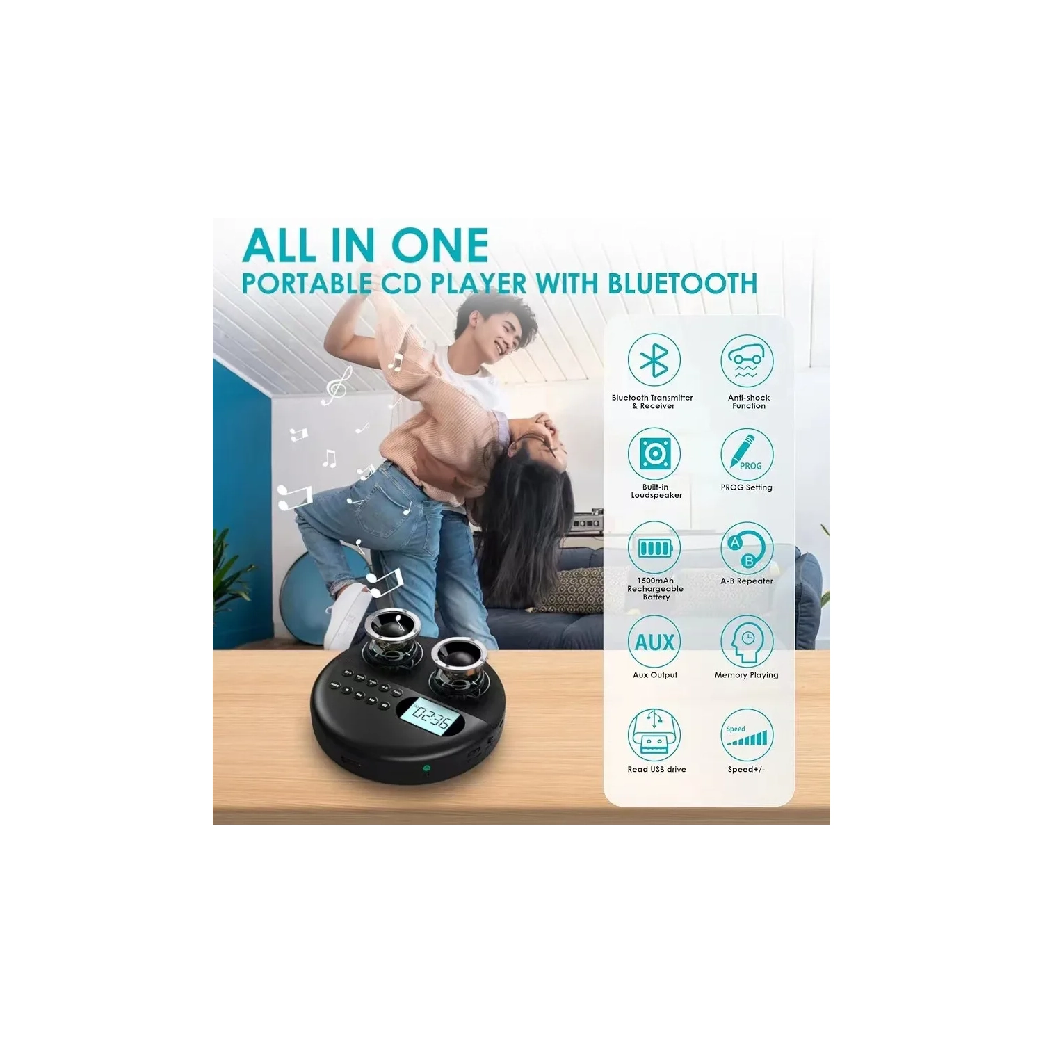 Walkman portatif CD et lecteur CD personnel avec deux haut-parleurs stéréo, lecteur Walkman à réglage de la vitesse de lecture