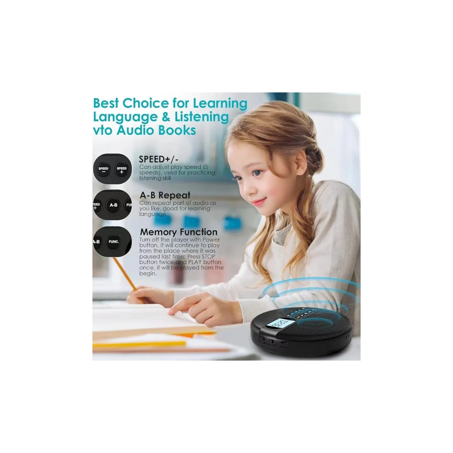 Walkman portatif CD et lecteur CD personnel avec deux haut-parleurs stéréo, lecteur Walkman à réglage de la vitesse de lecture