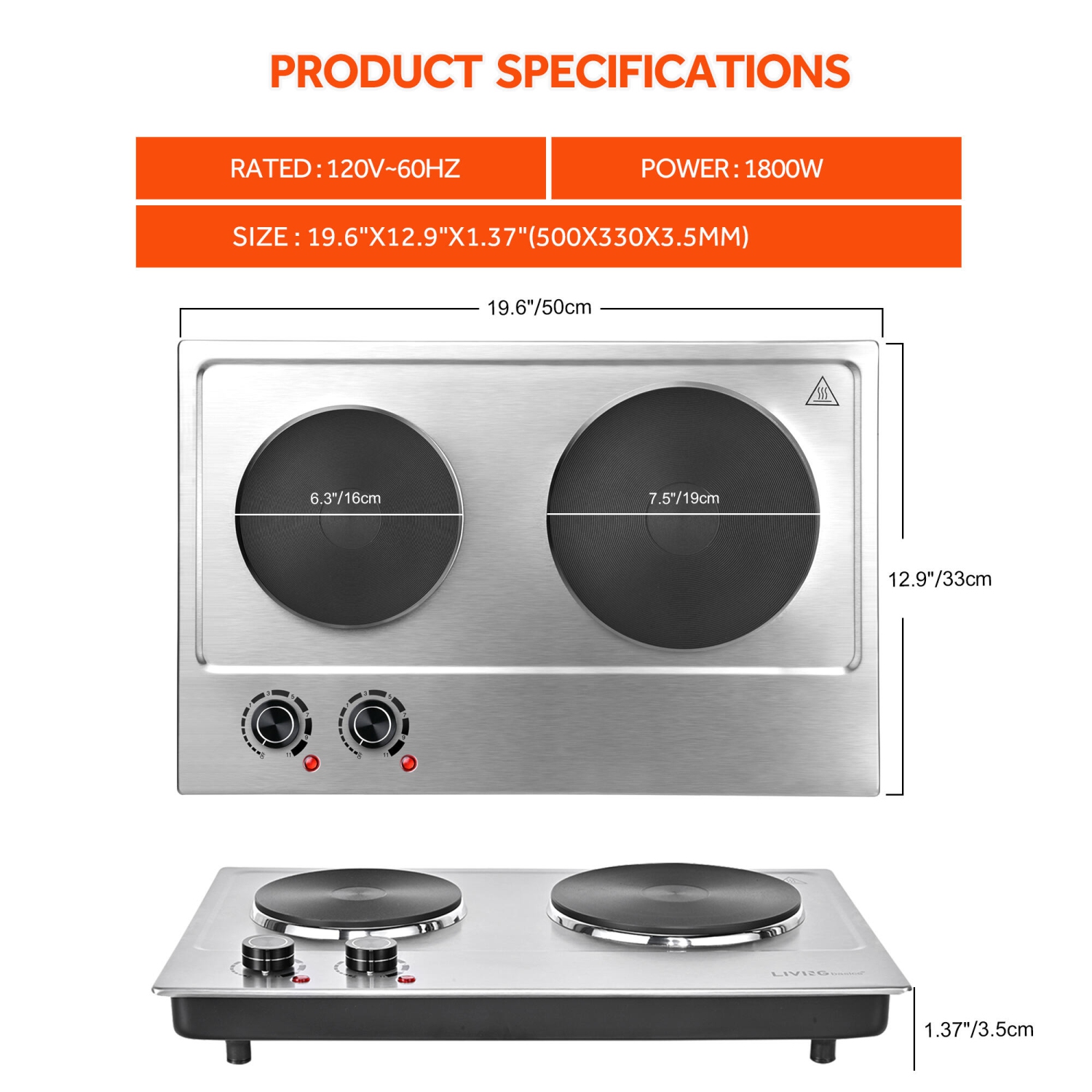 1800W Double Hot Plate, Built-in and Countertop Burner with Cast Iron Burners for All Types of Cookware