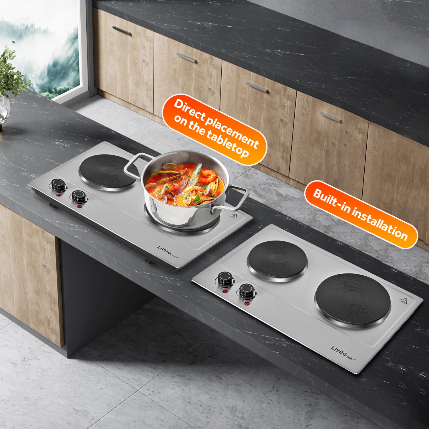 1800W Double Hot Plate, Built-in and Countertop Burner with Cast Iron Burners for All Types of Cookware