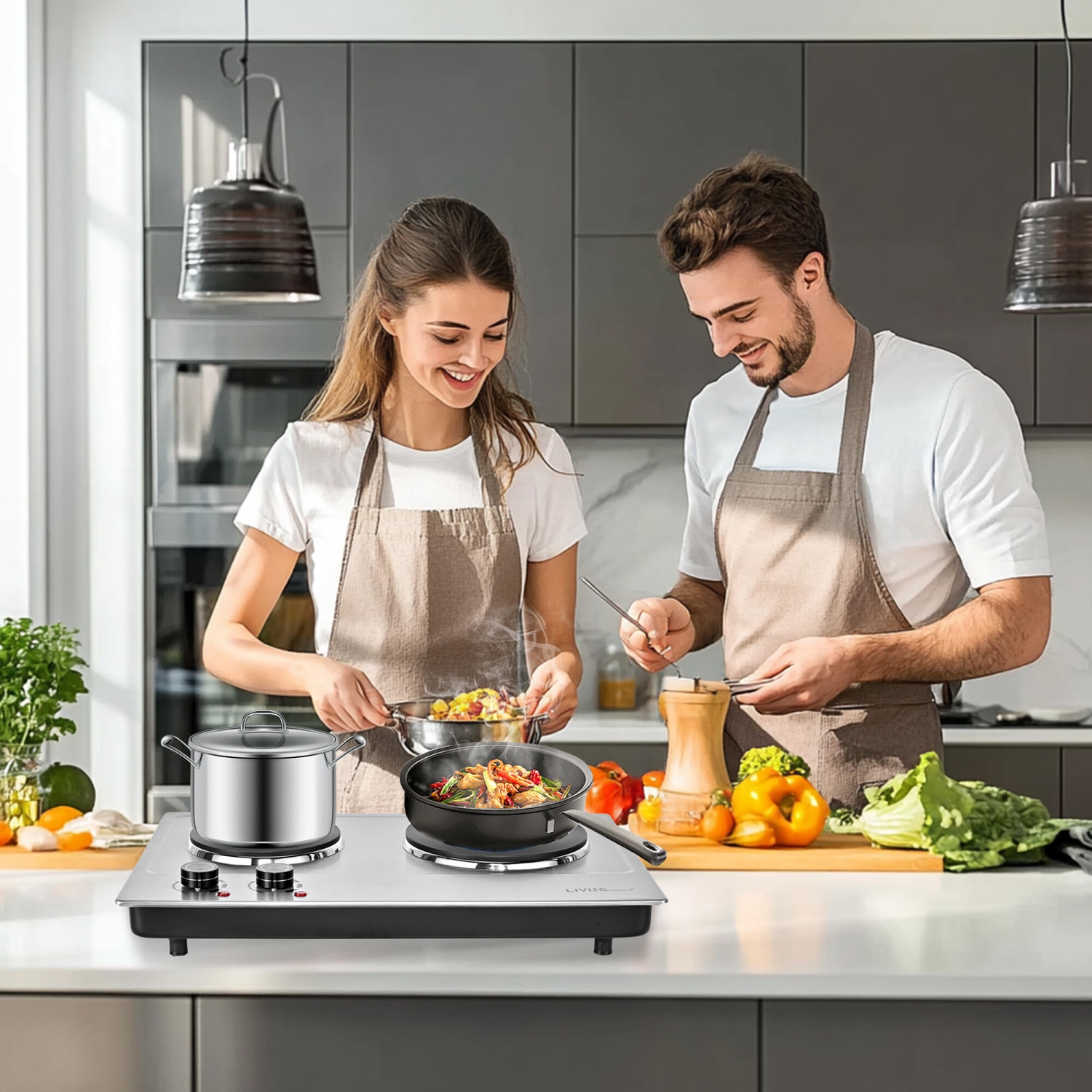 1800W Double Hot Plate, Built-in and Countertop Burner with Cast Iron Burners for All Types of Cookware